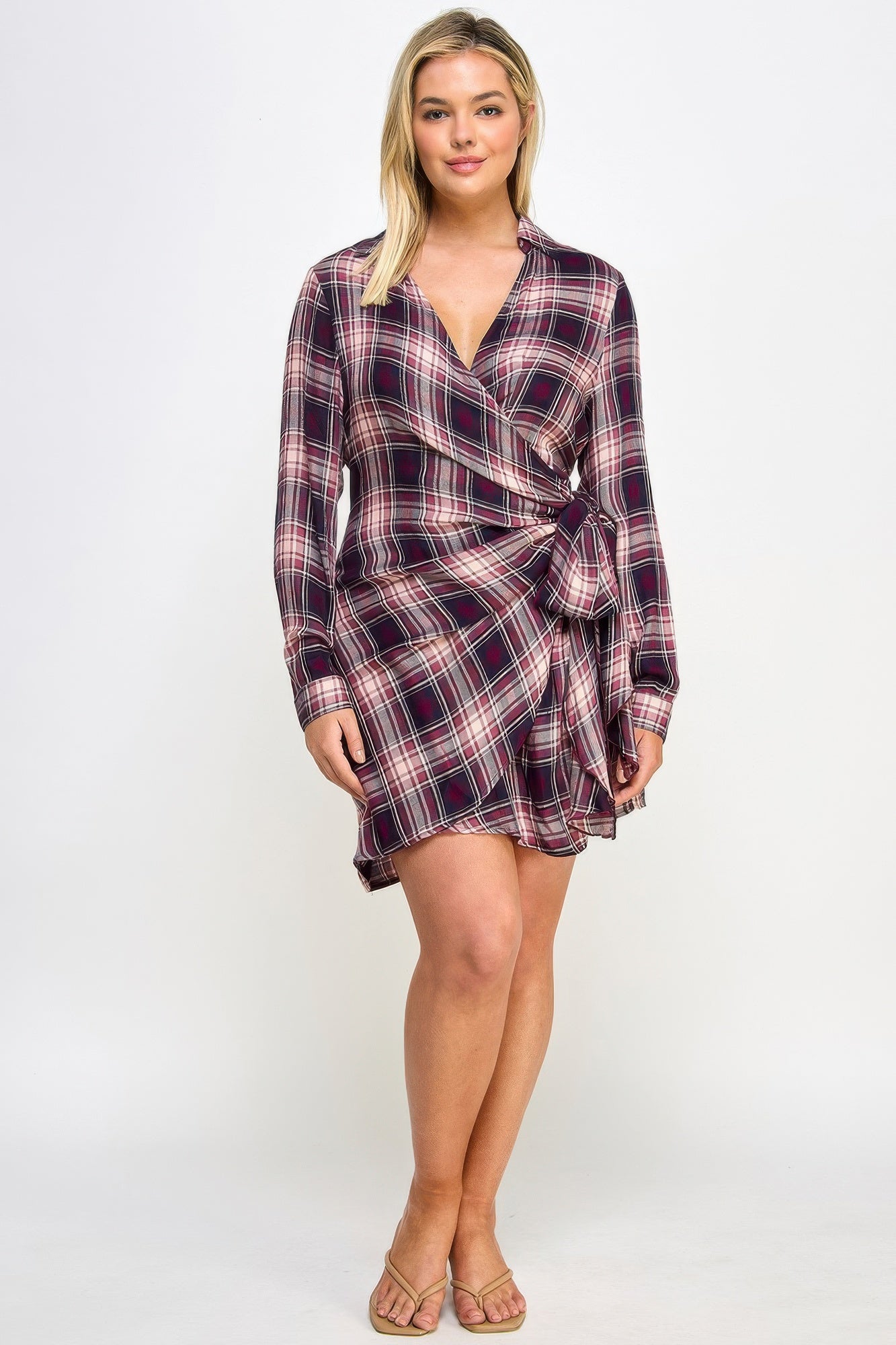 Plus Size Plaid Faux-Wrap Dress with Side Tie Secondary image