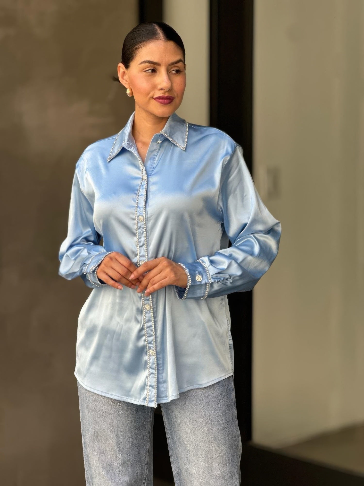Blue Rhinestone-Trim Satin Button-Down Blouse Secondary image