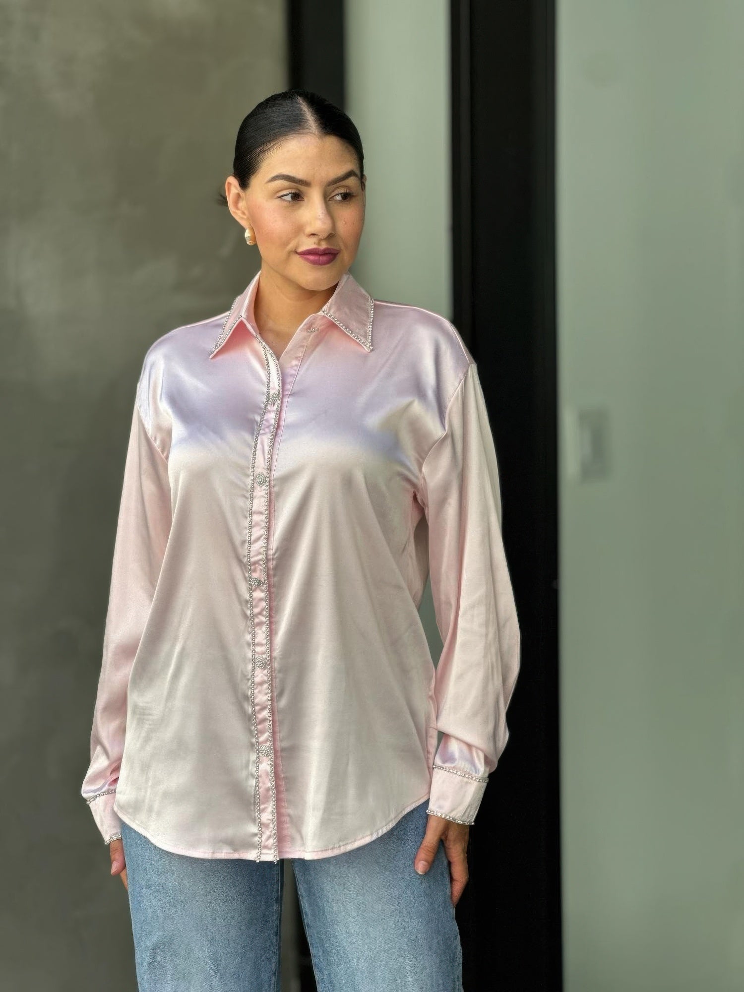 Pink Rhinestone Trim Satin Button-Down Blouse Secondary image