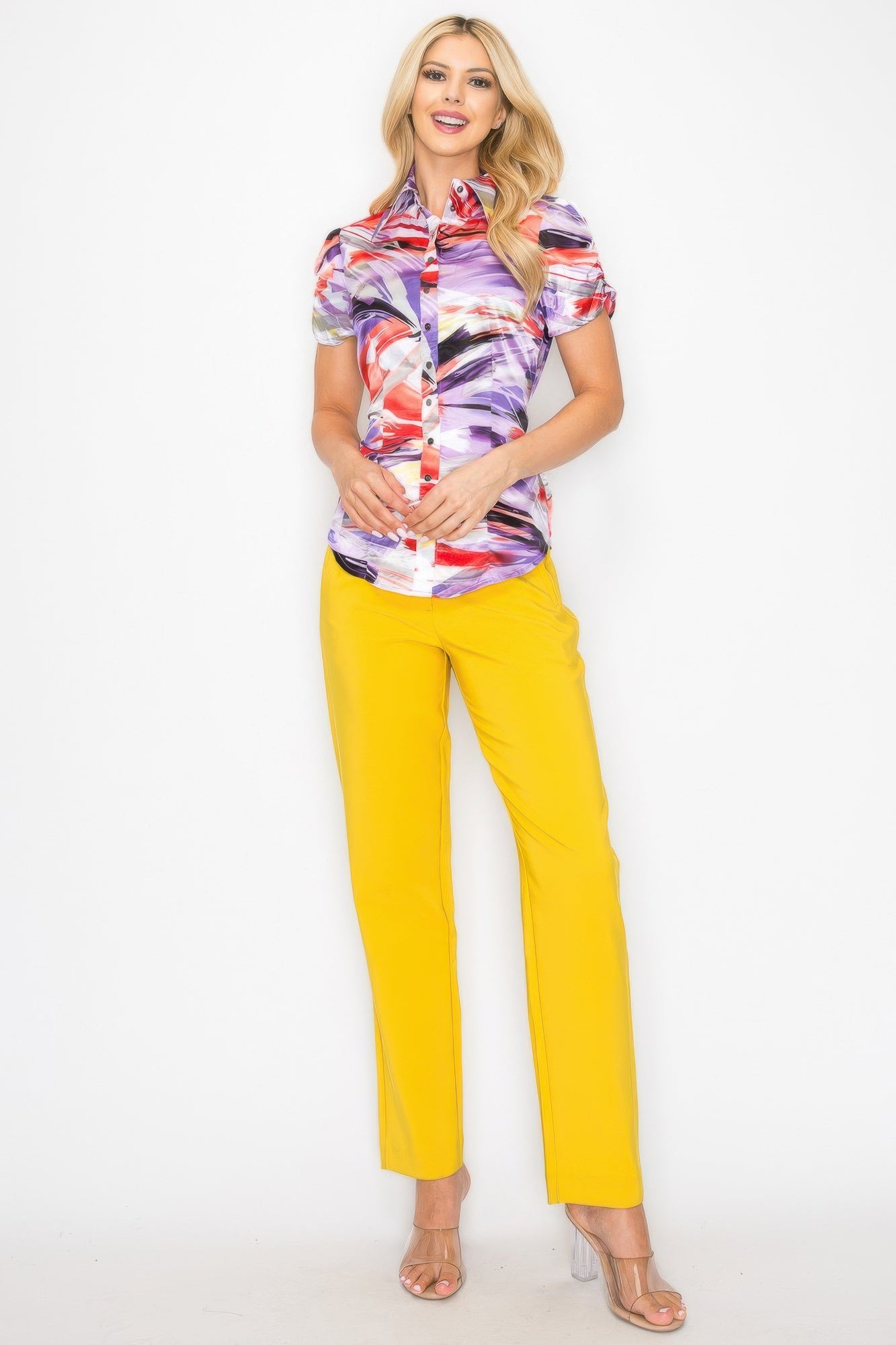 Watercolor Print Short Sleeve Button-Front Blouse Secondary image