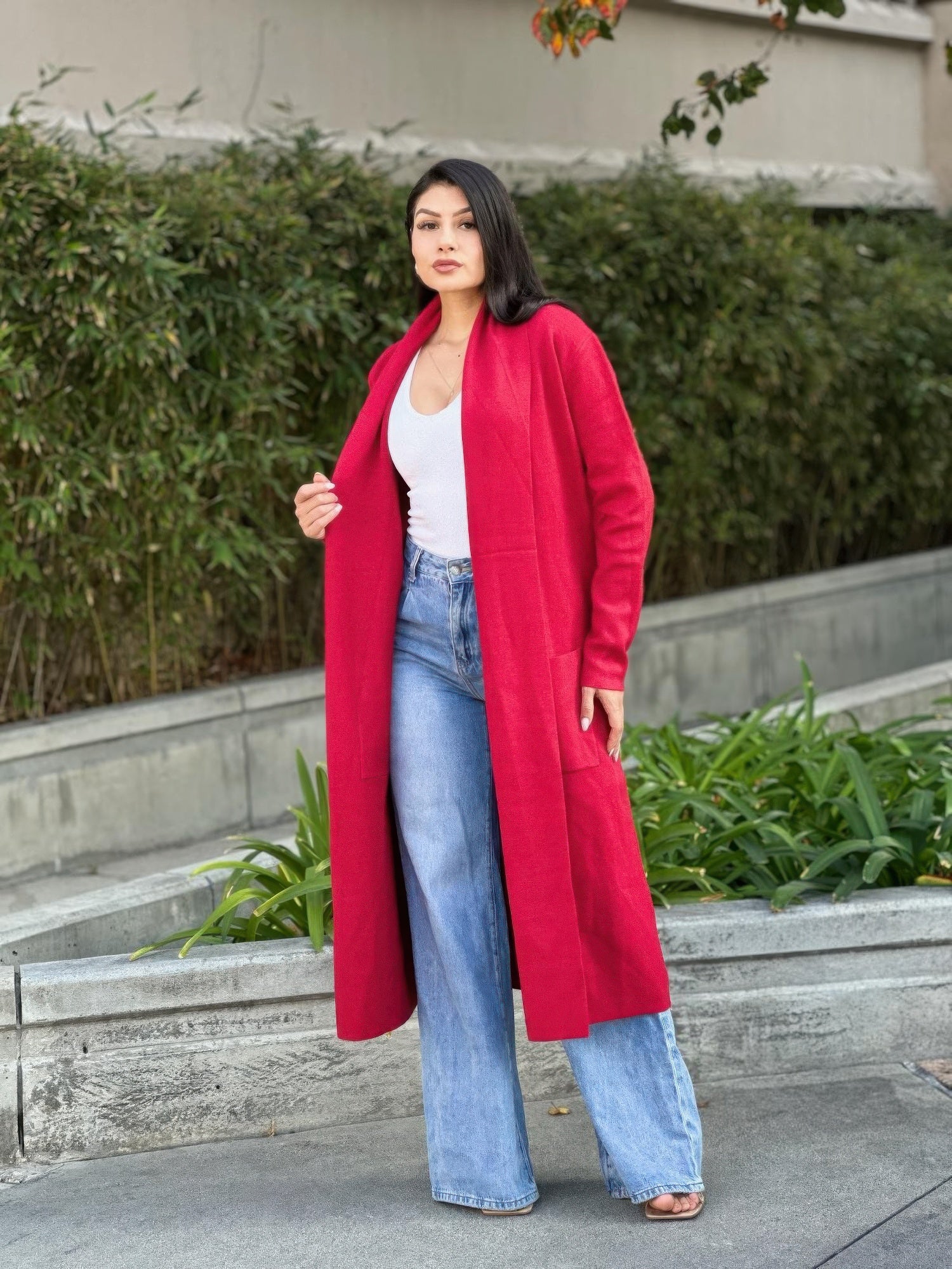 Red Fine-Knit Midi Cardigan With Front Pockets Secondary image