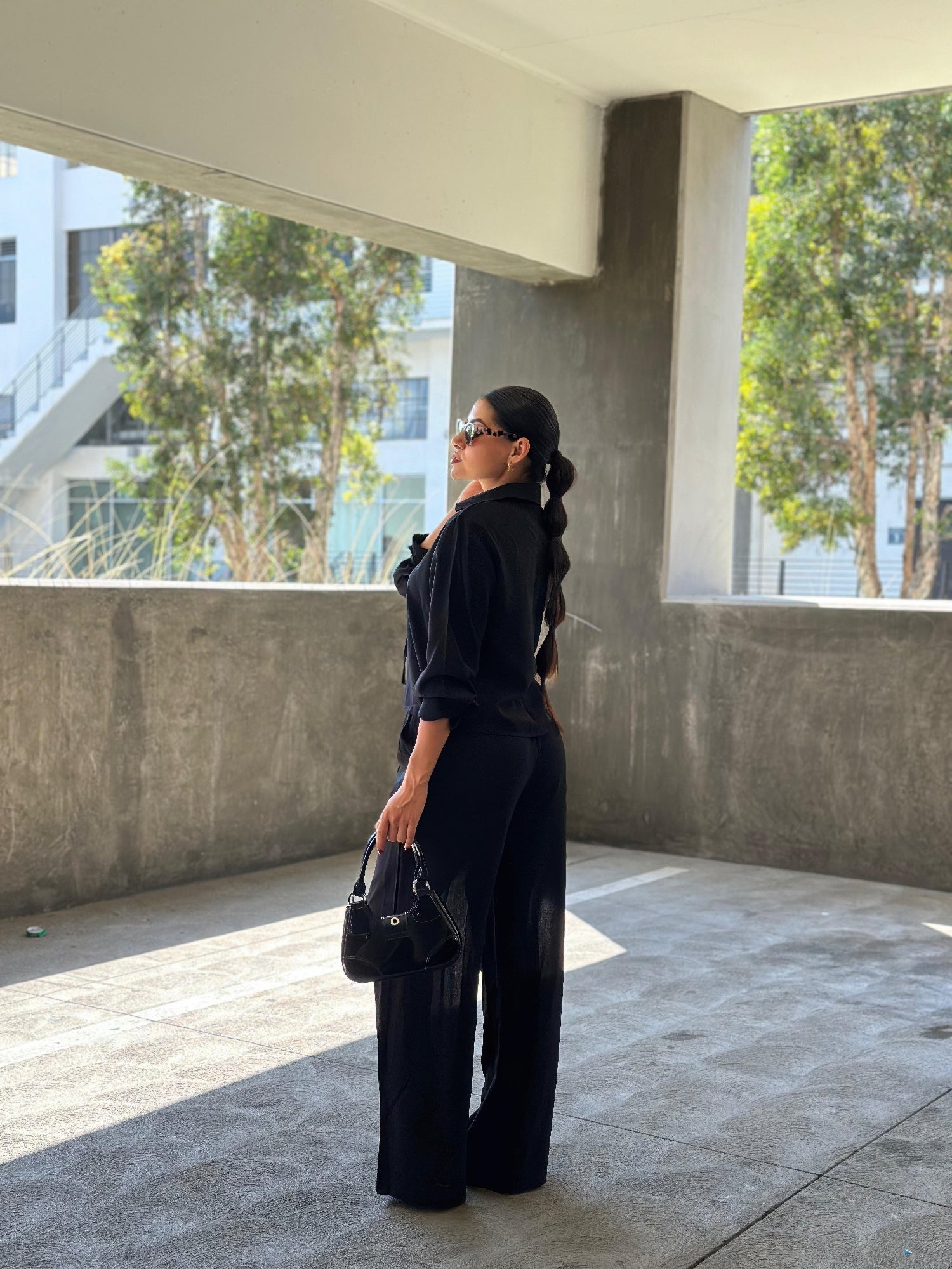 Black Wide-Leg Pants Set with Long-Sleeve Tie Top Secondary image