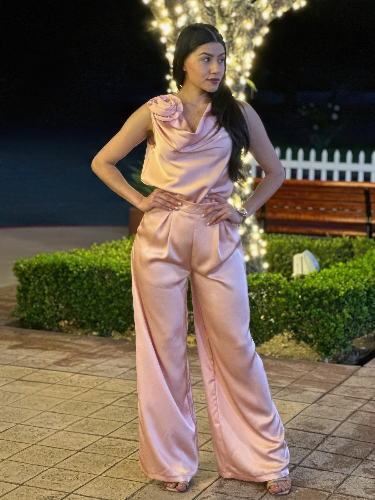 Pink Satin Wide-Leg Pants Set with Floral Top Secondary image