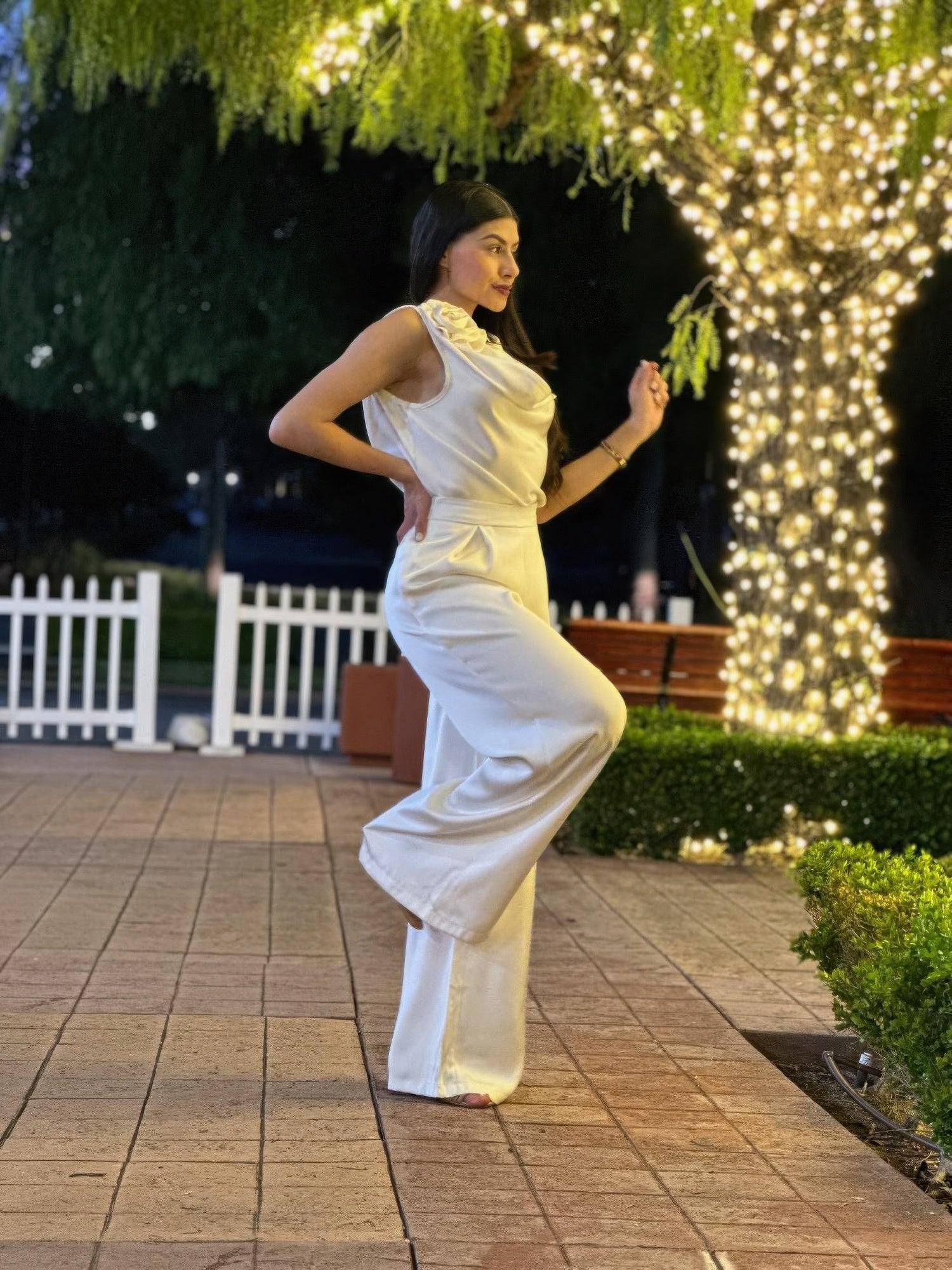 Ivory Satin Floral Top and Wide-Leg Pants Set Secondary image