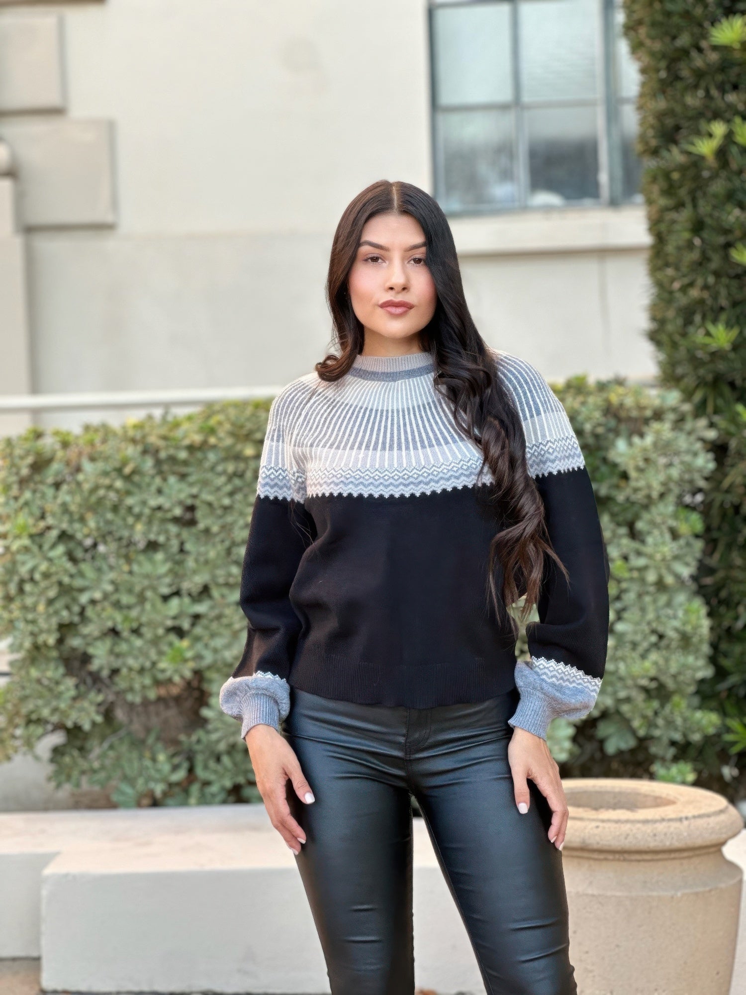 Black and Gray Patterned Yoke Knit Sweater Secondary image