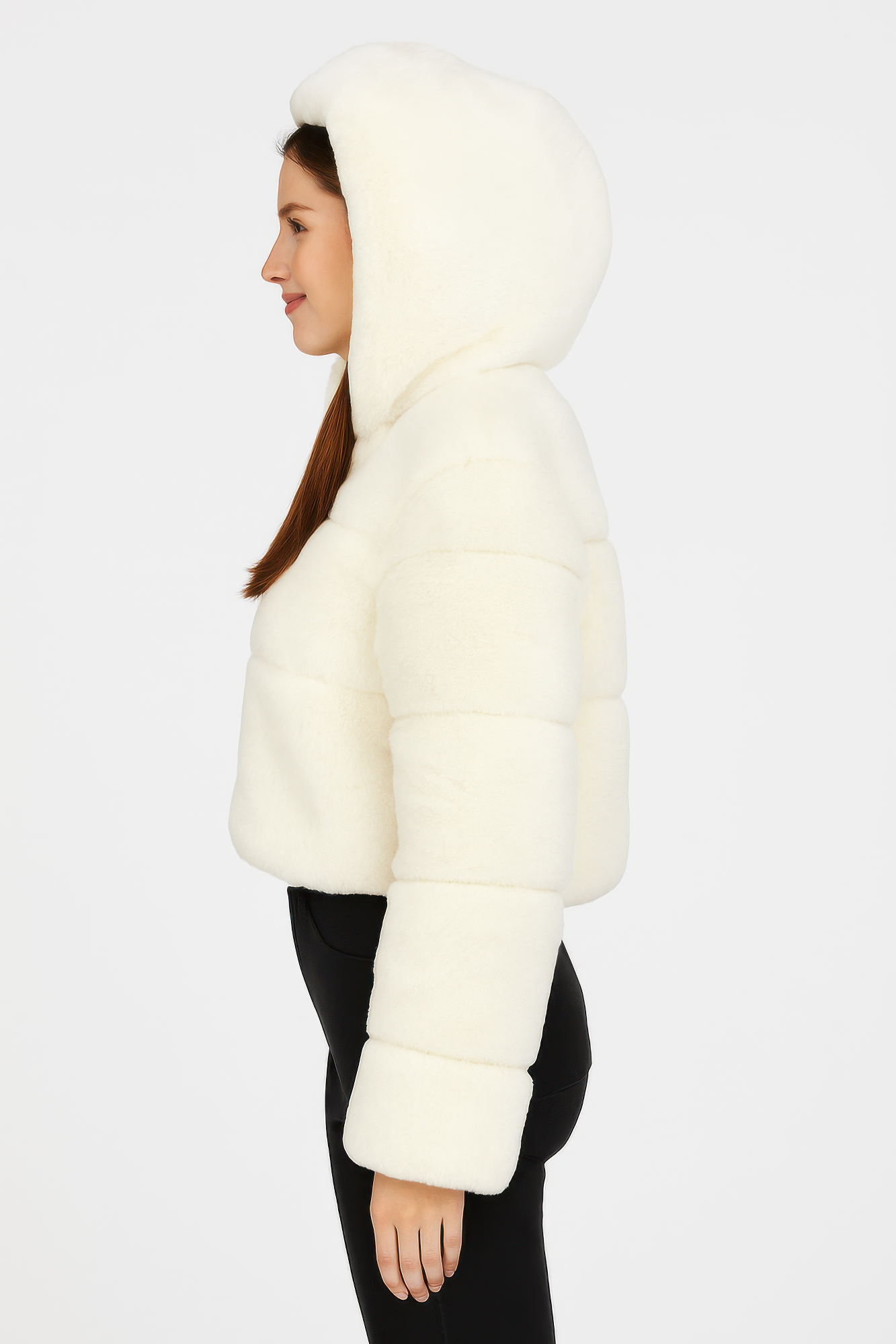Ivory Cropped Faux Fur Zip-Up Jacket with Hood Secondary image