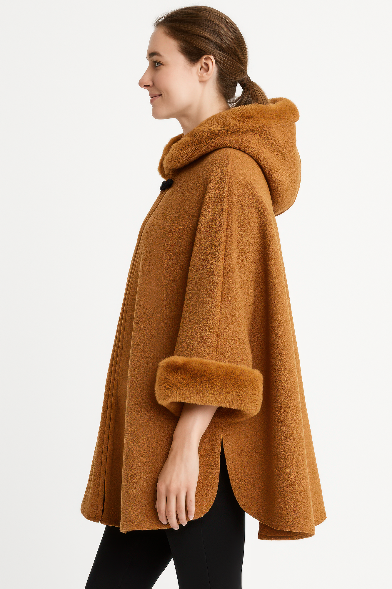 Camel Hooded Cape with Faux Fur Trim Secondary image