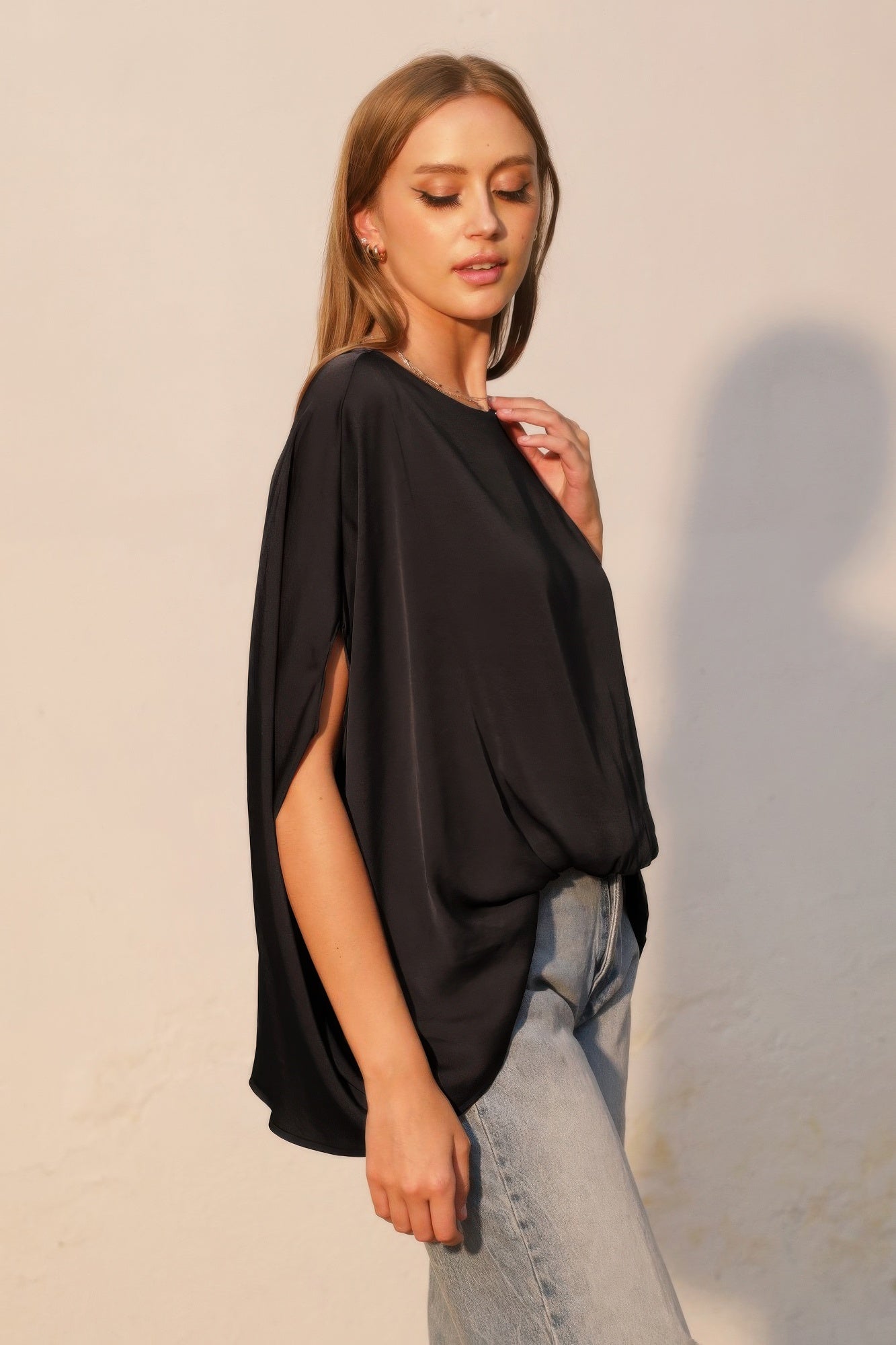 Black Boat Neck Draped Sleeve Top Secondary image