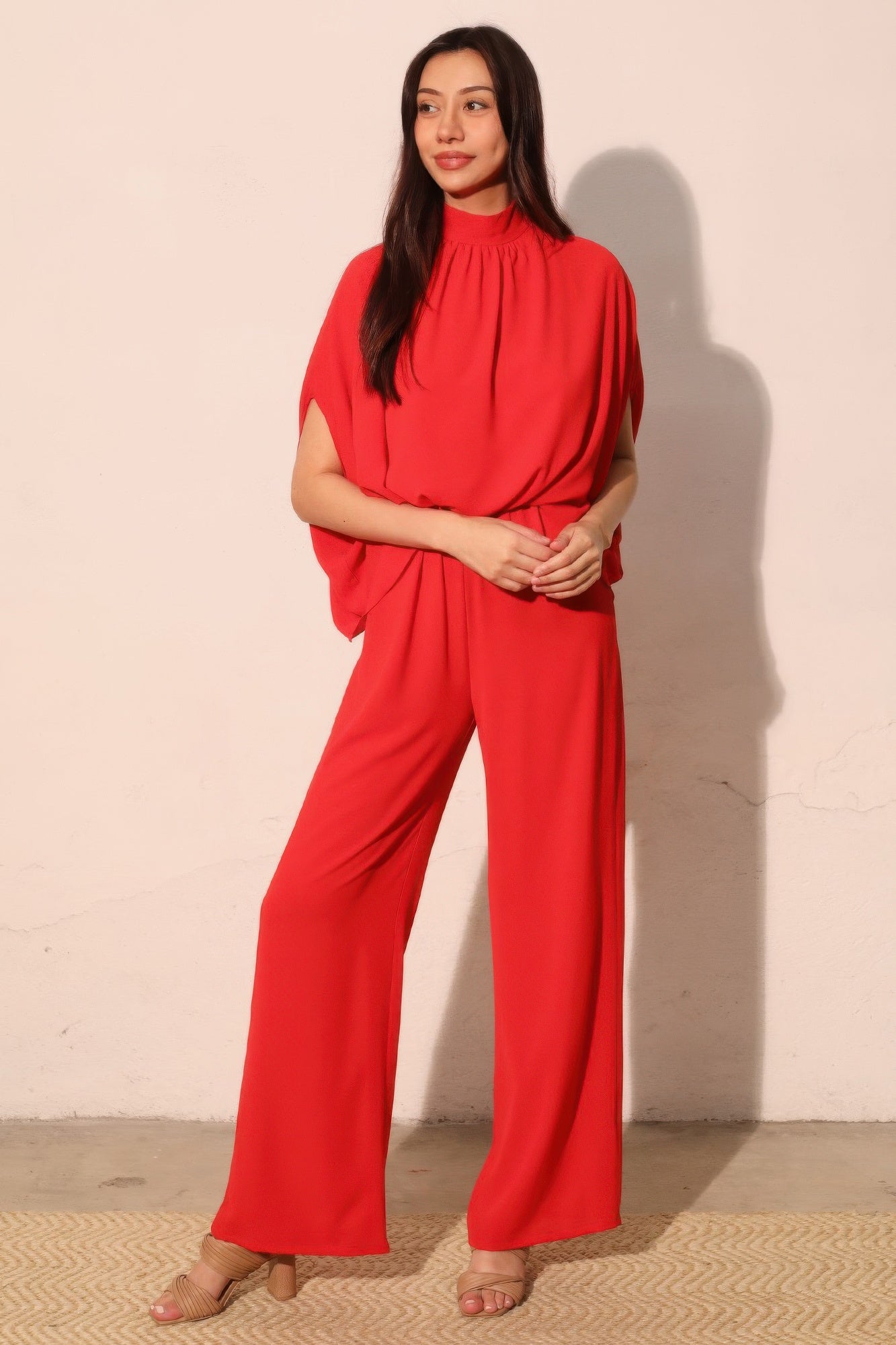 Red Textured Mock Neck Wide-Leg Jumpsuit Secondary image