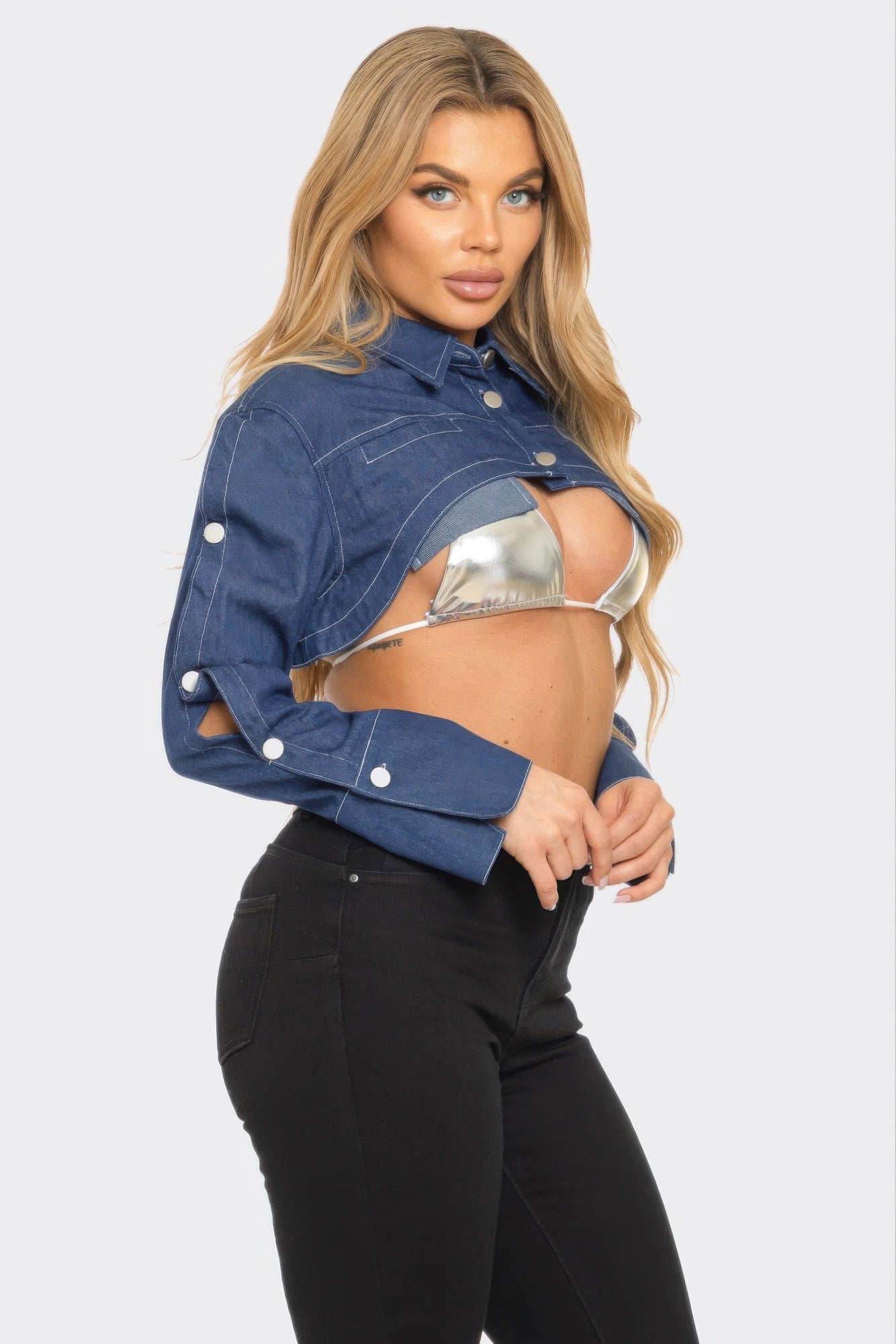 Cropped Denim-Blue Button-Front Bolero Jacket Secondary image