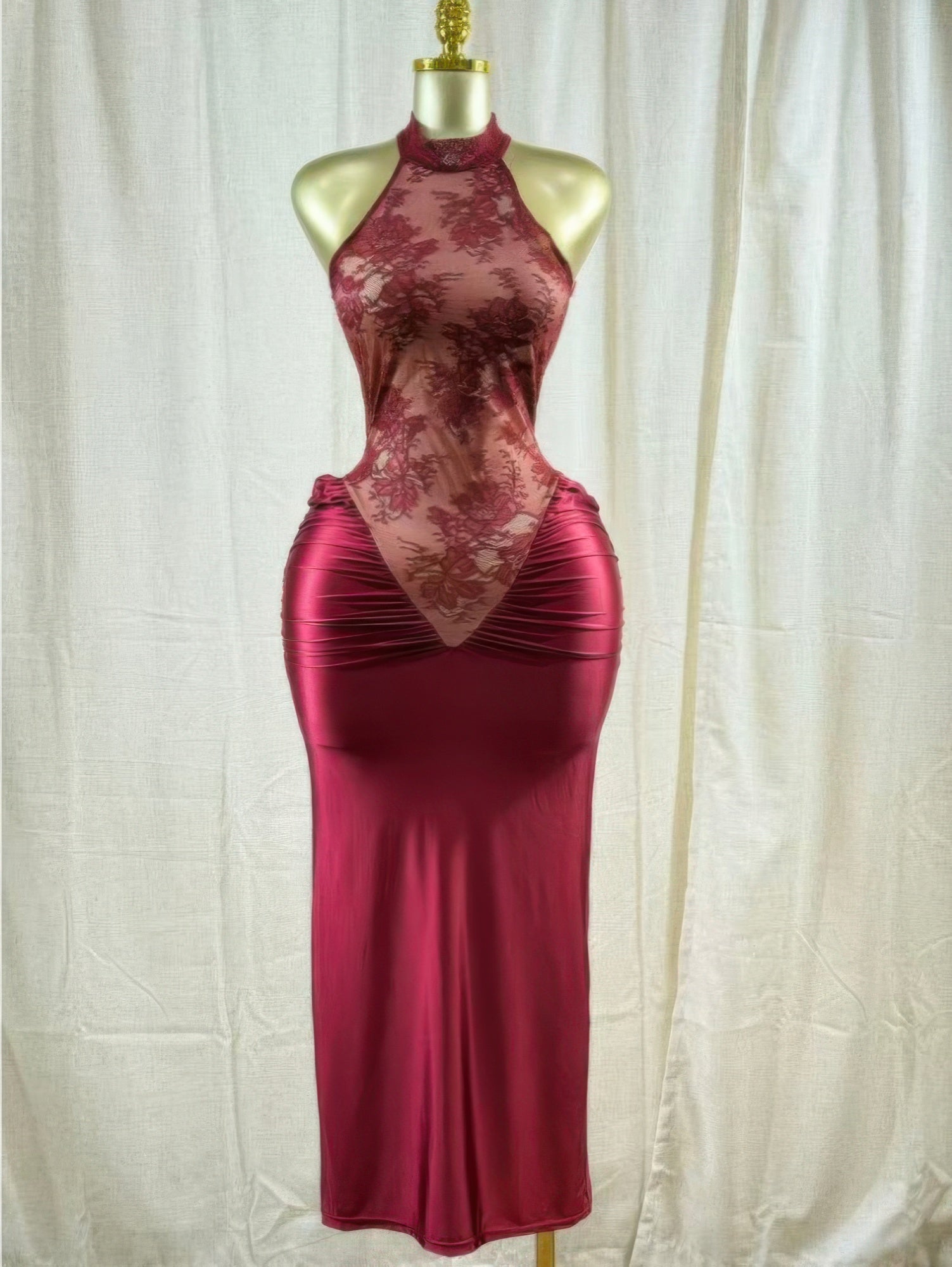 Red Floral Lace Halter Maxi Dress with Ruched Satin Skirt Secondary image
