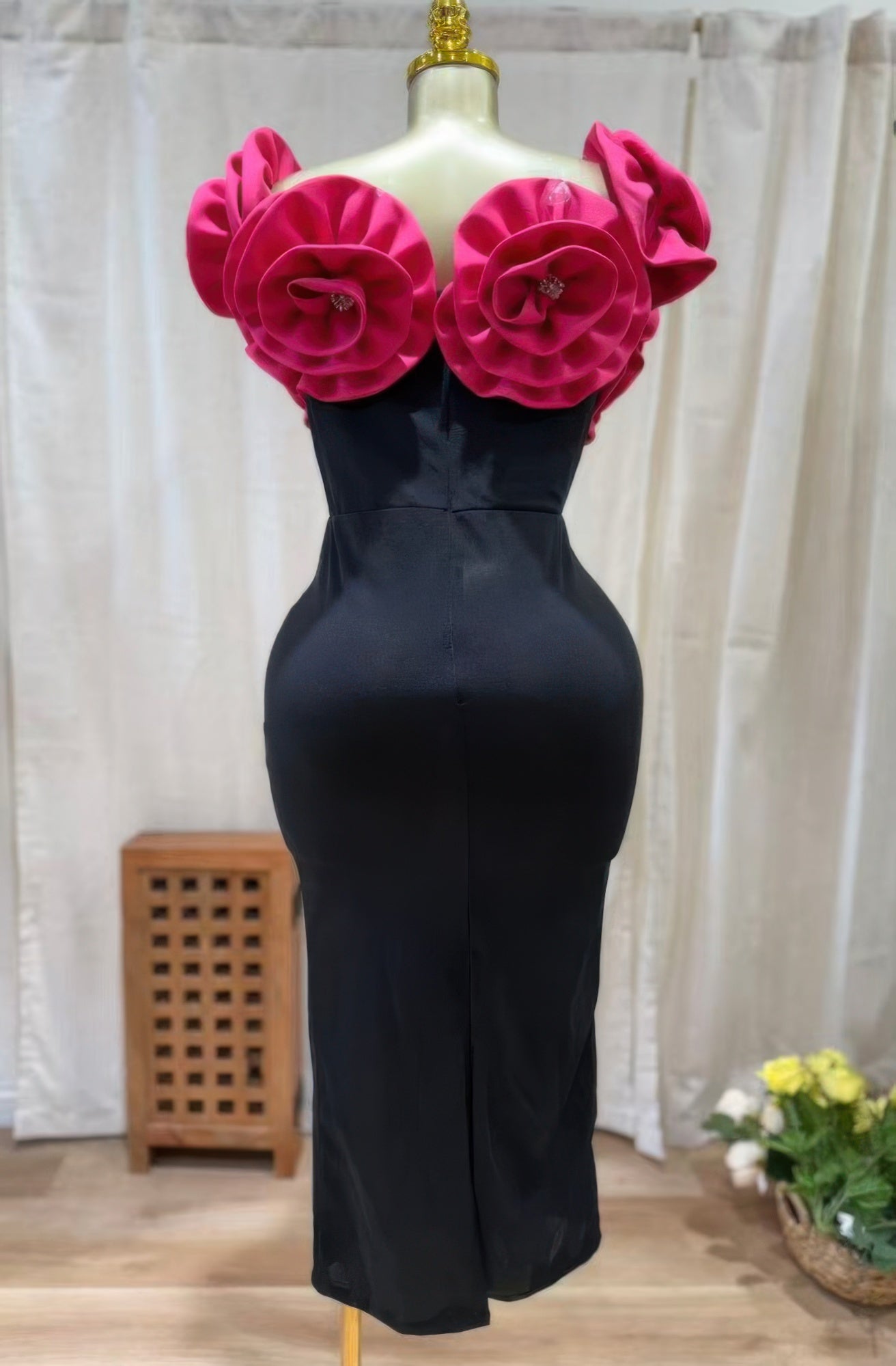 Black Off-Shoulder Gown with Fuchsia Rosettes Secondary image