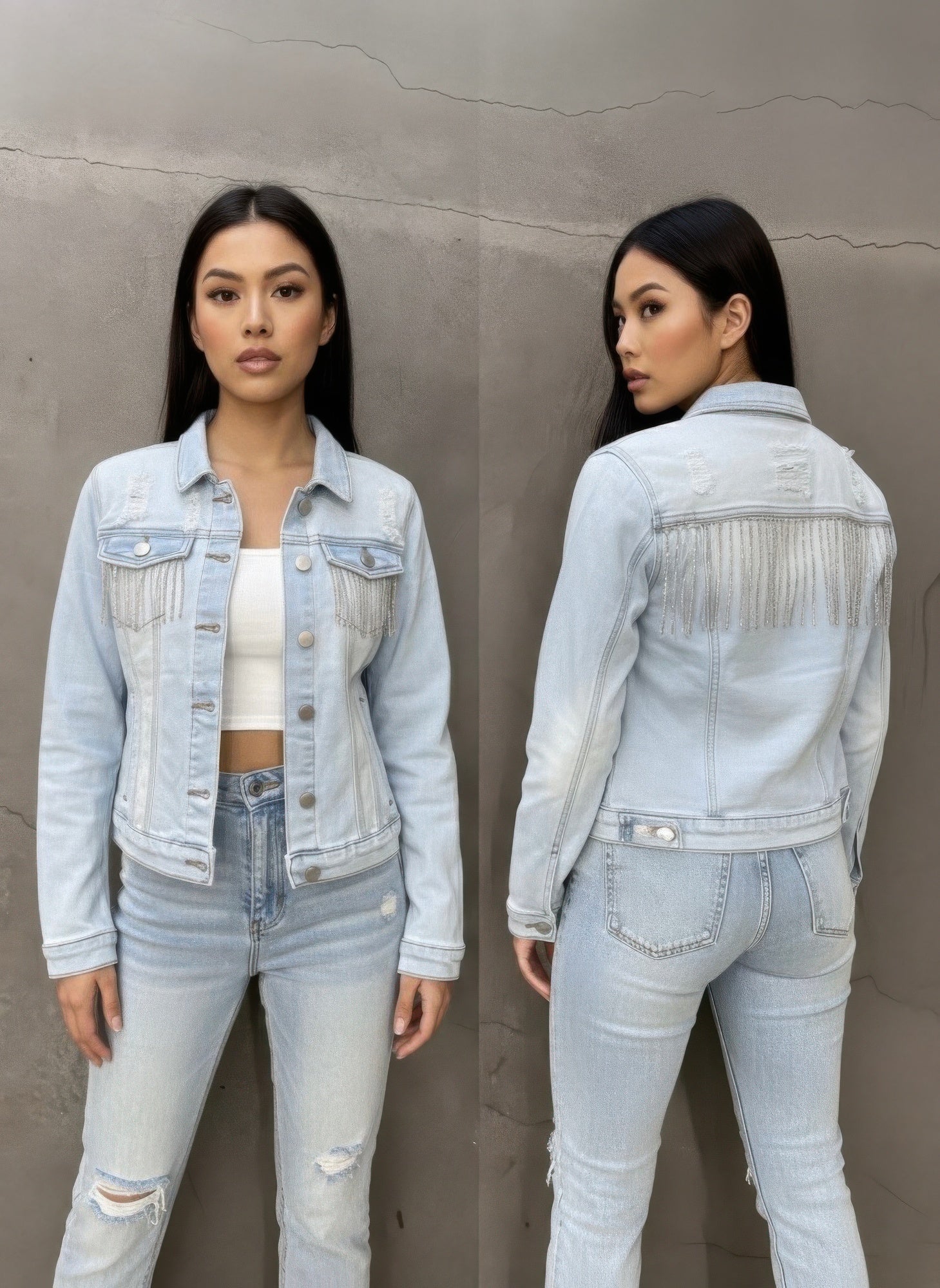 Light Blue Distressed Denim Jacket With Rhinestone Fringe Secondary image