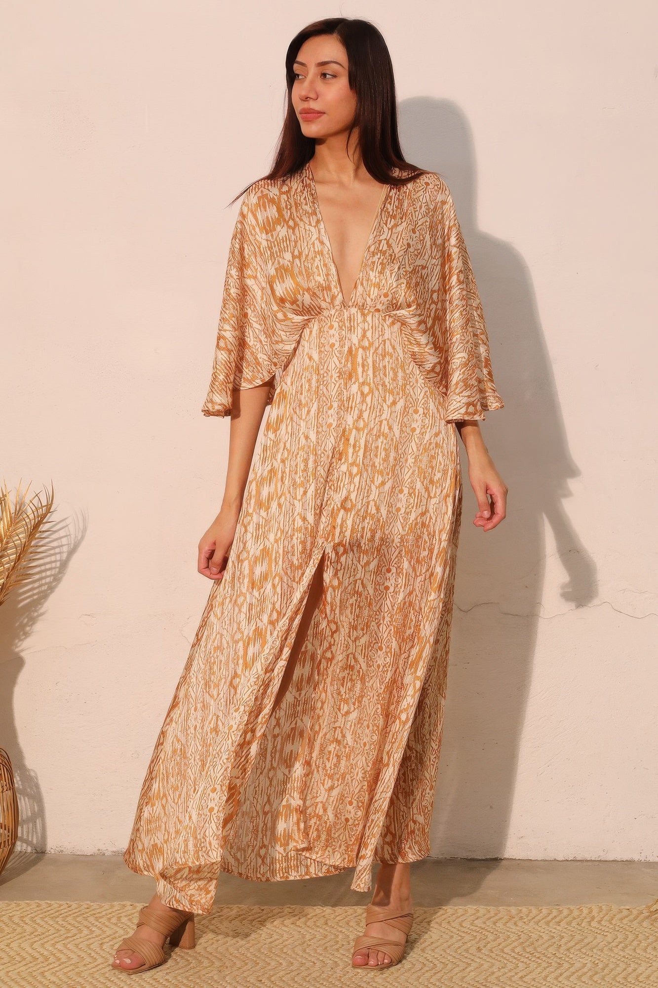 Mustard Lurex Chiffon Cape-Sleeve Maxi Dress Secondary image