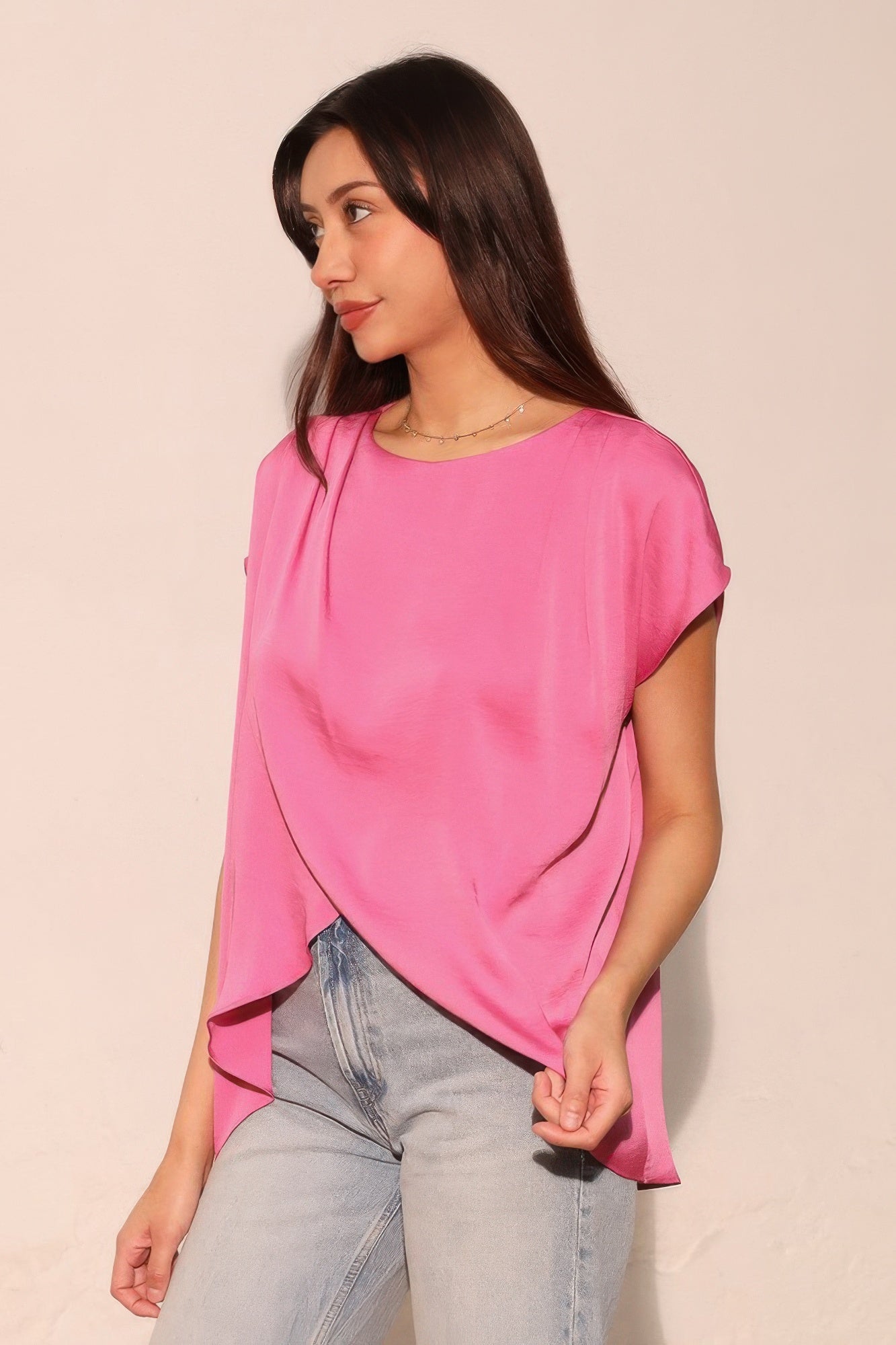 Pink Tulip-Hem Tunic Top with Draped Sleeves Secondary image