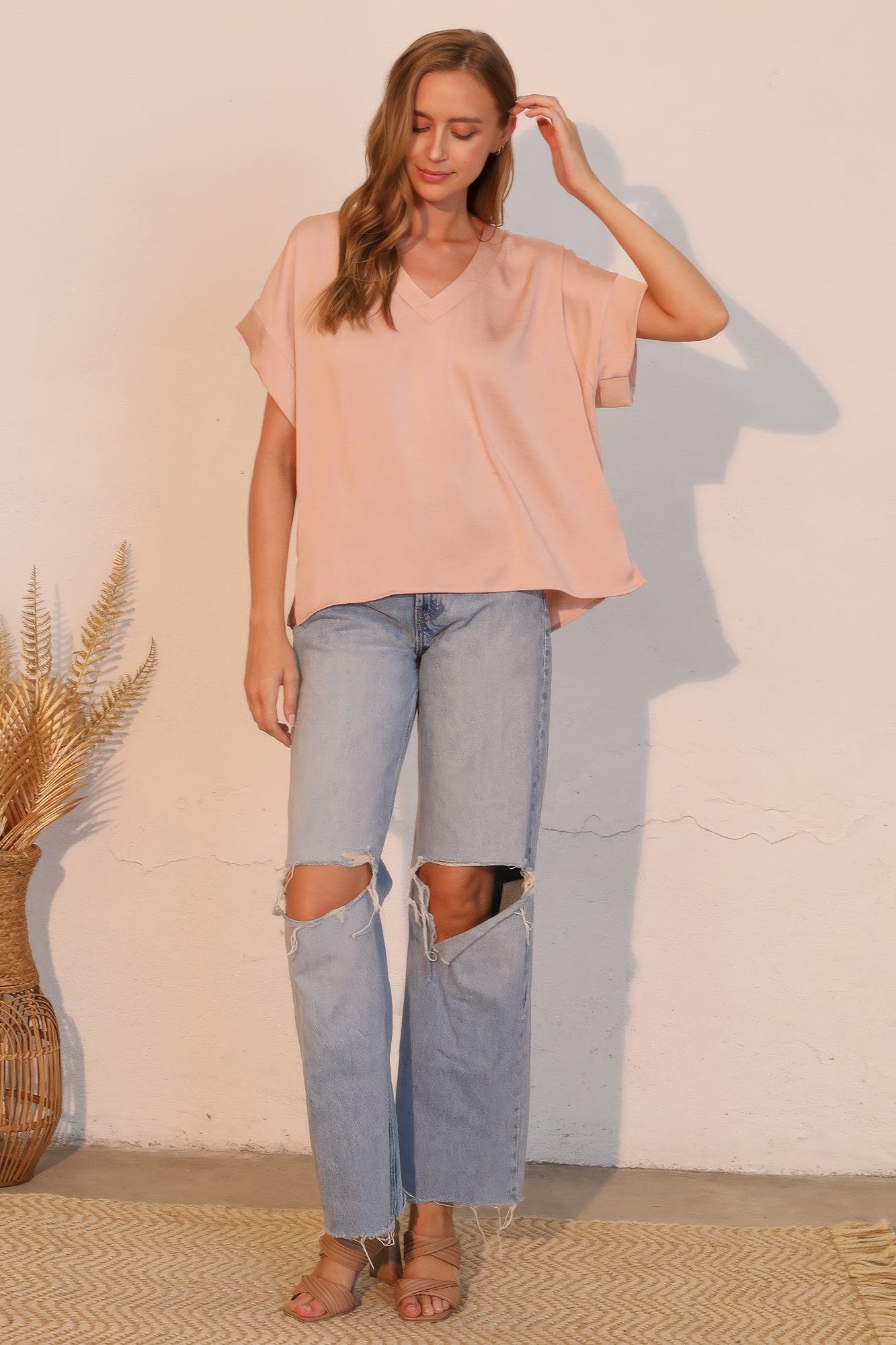 Rose Champagne Washed Silk-Finish V-Neck Top Secondary image
