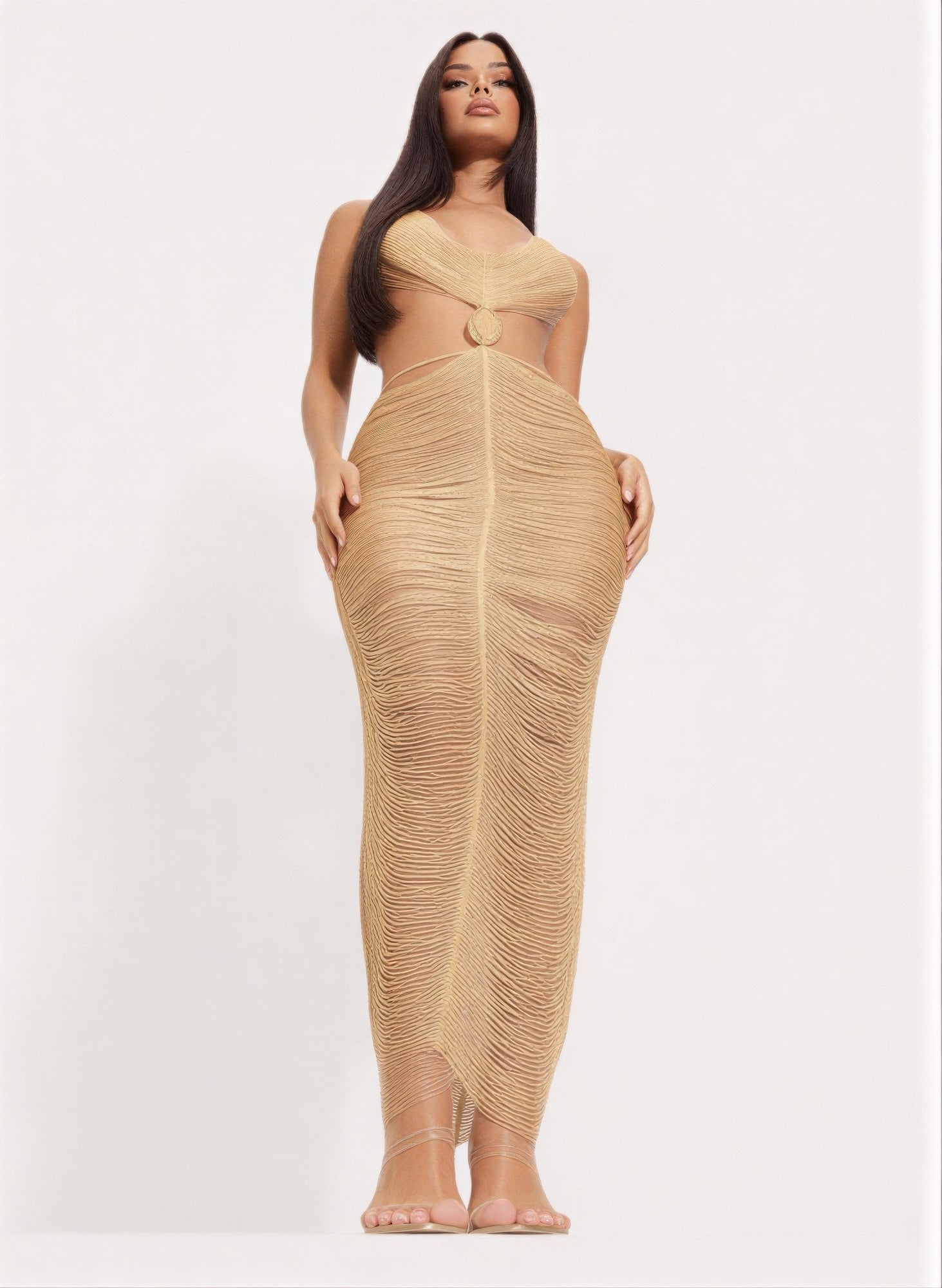 Gold Metallic Ruched Cutout Maxi Dress Secondary image