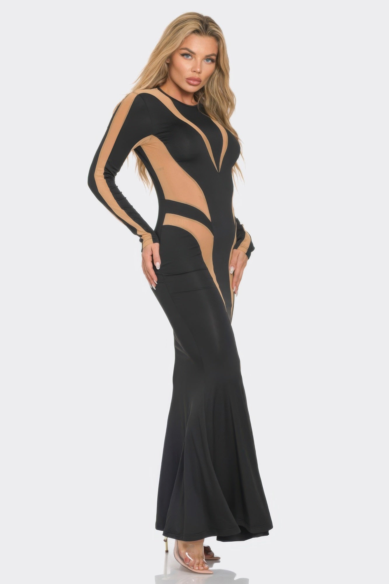 Black Mesh Cutout Panel Mermaid Maxi Dress Secondary image