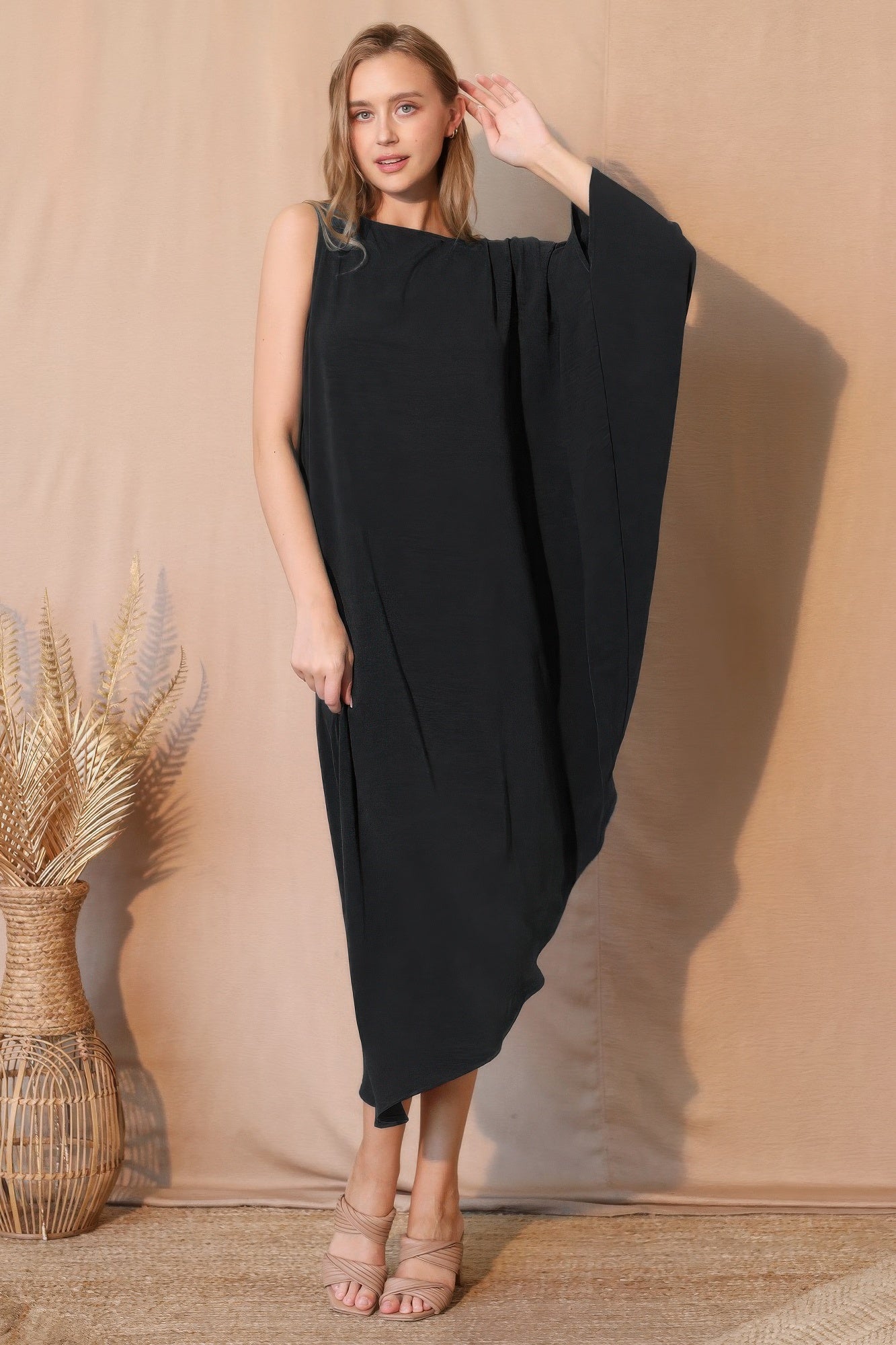 Black One-Sleeve Matte Crepe Midi Dress Secondary image
