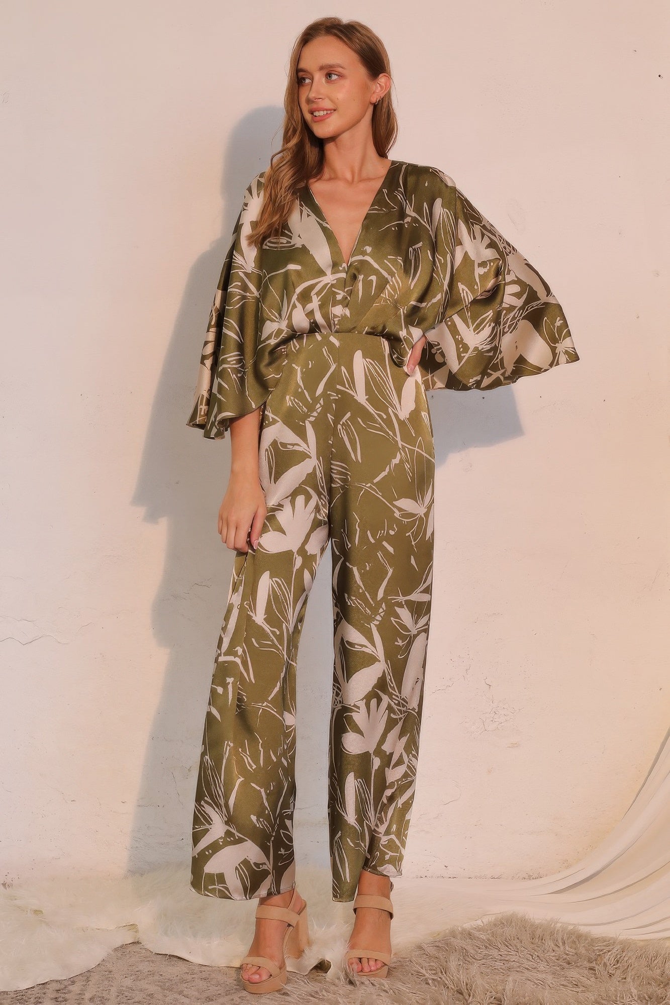 Olive Floral Satin Cape Jumpsuit Secondary image