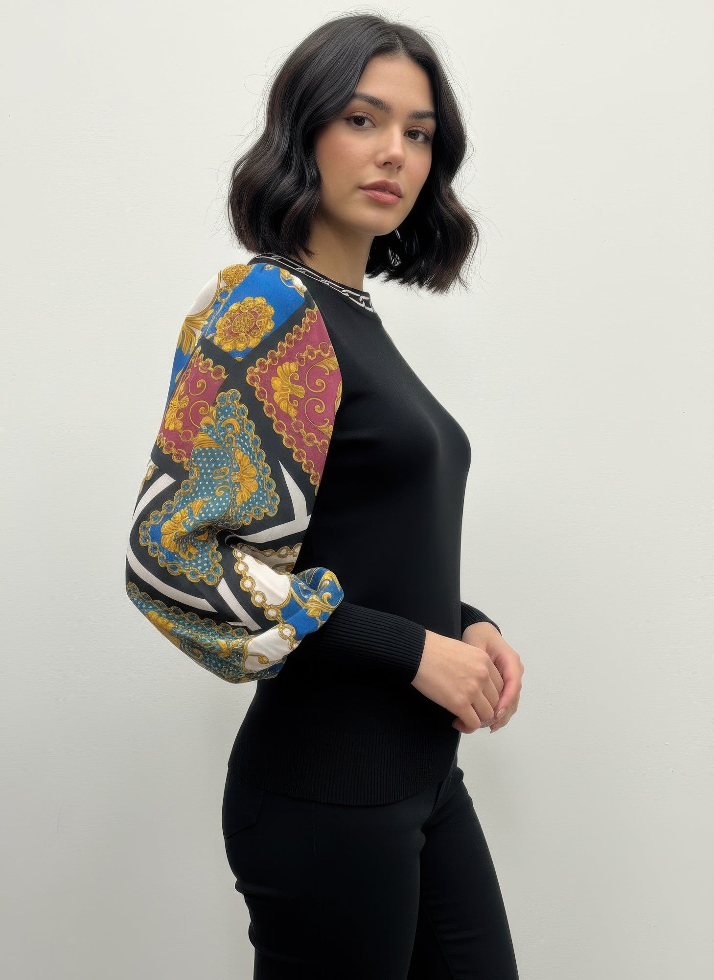 Black Knit Sweater with Printed Sheer Sleeves Secondary image