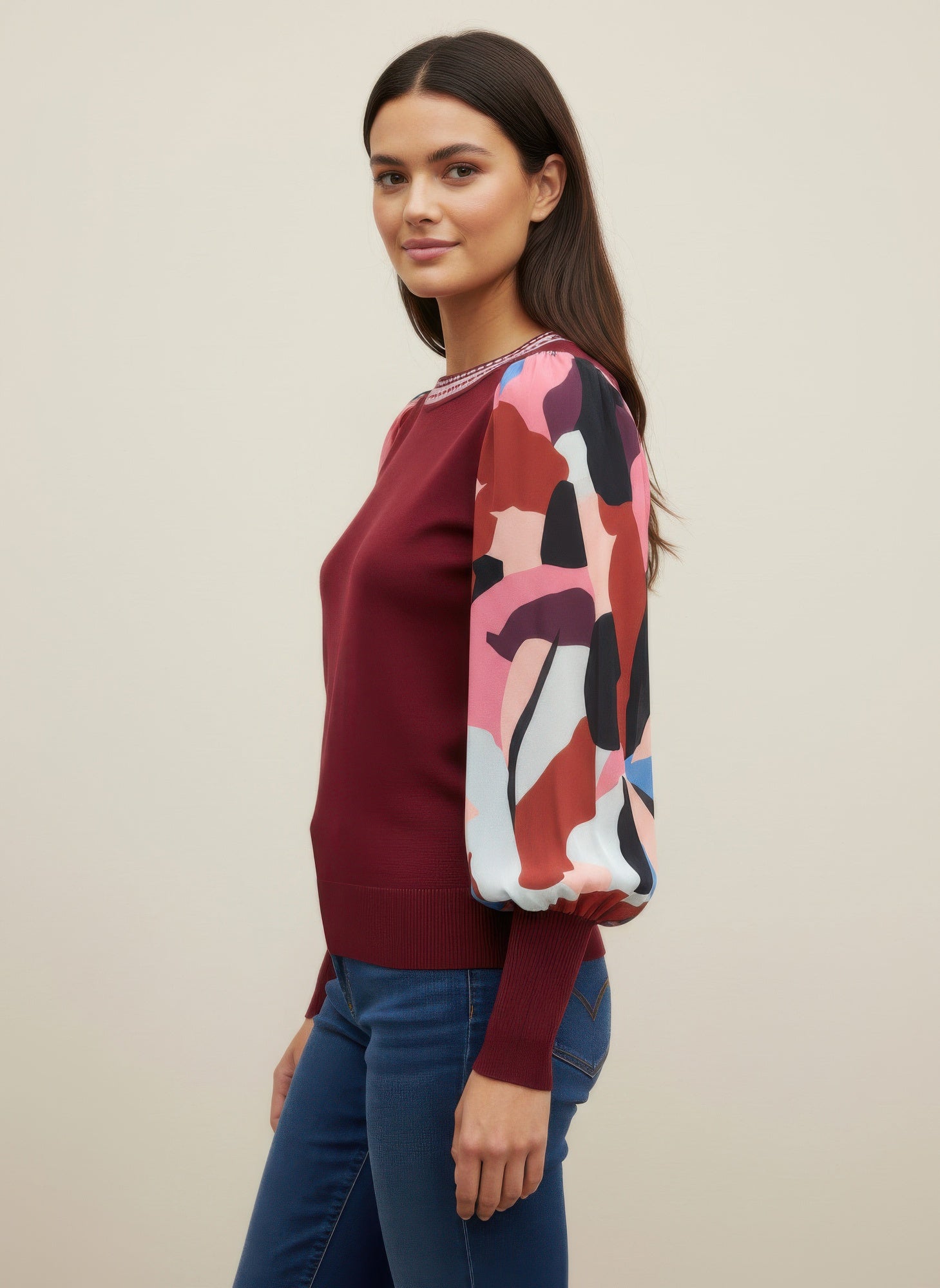 Printed Sleeve Knit Pullover Sweater Secondary image