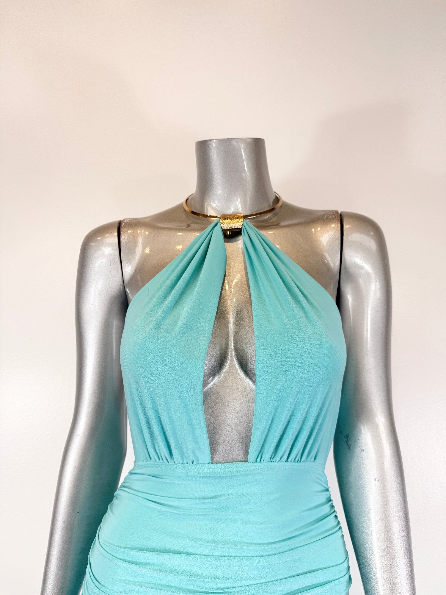 Aqua Halter Neck Ruched Midi Dress with Necklace Detail Secondary image