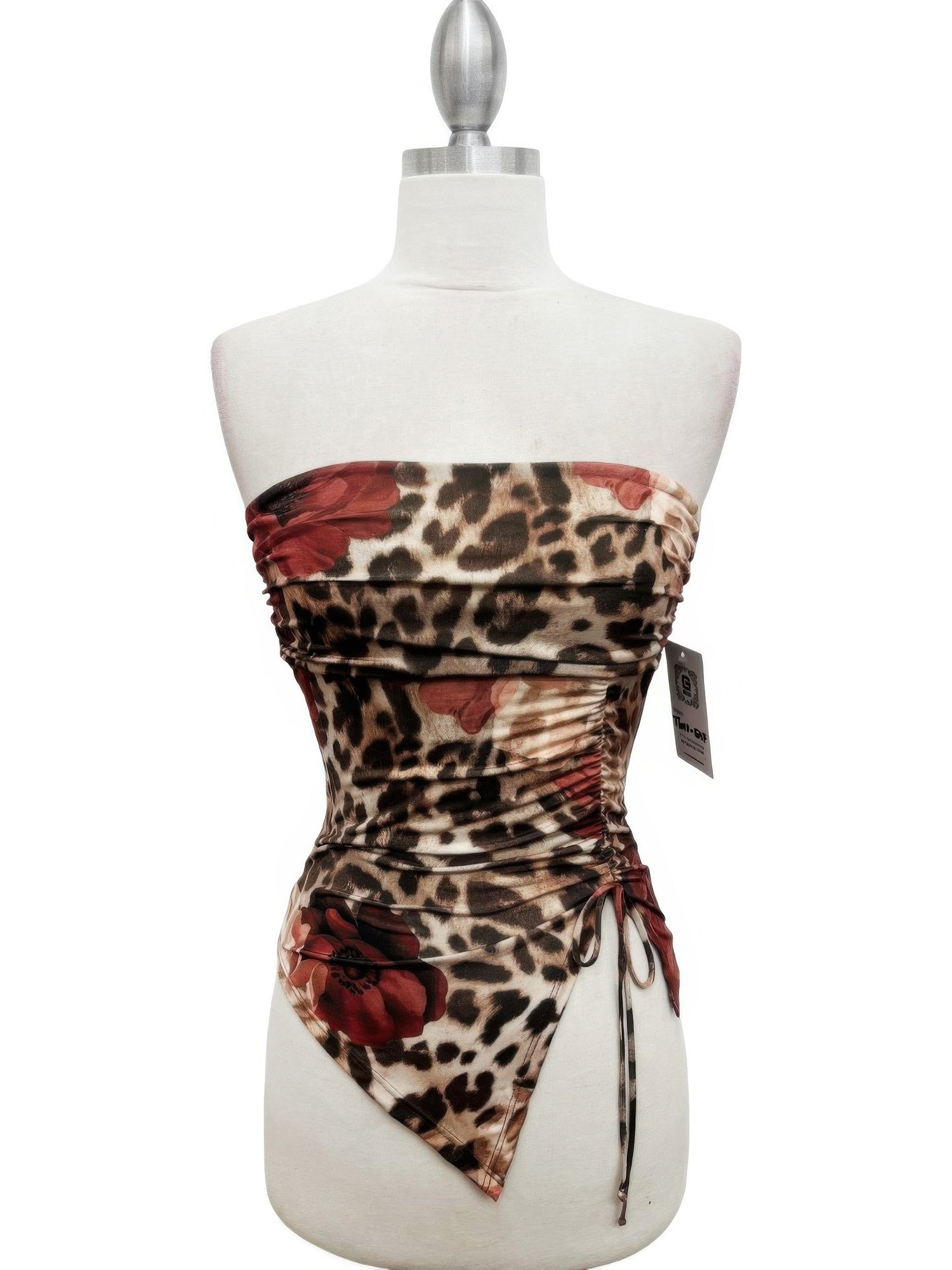 Strapless Leopard Print Ruched Pointed-Hem Top Secondary image