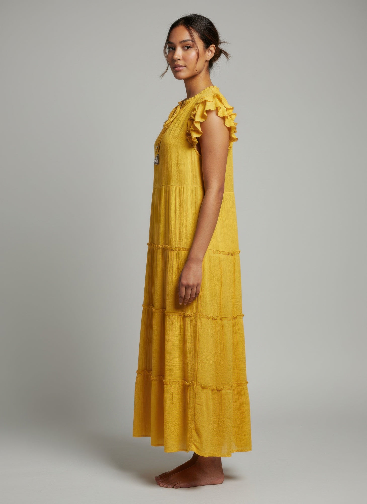 Yellow Ruffle Sleeve Tiered Midi Dress Secondary image