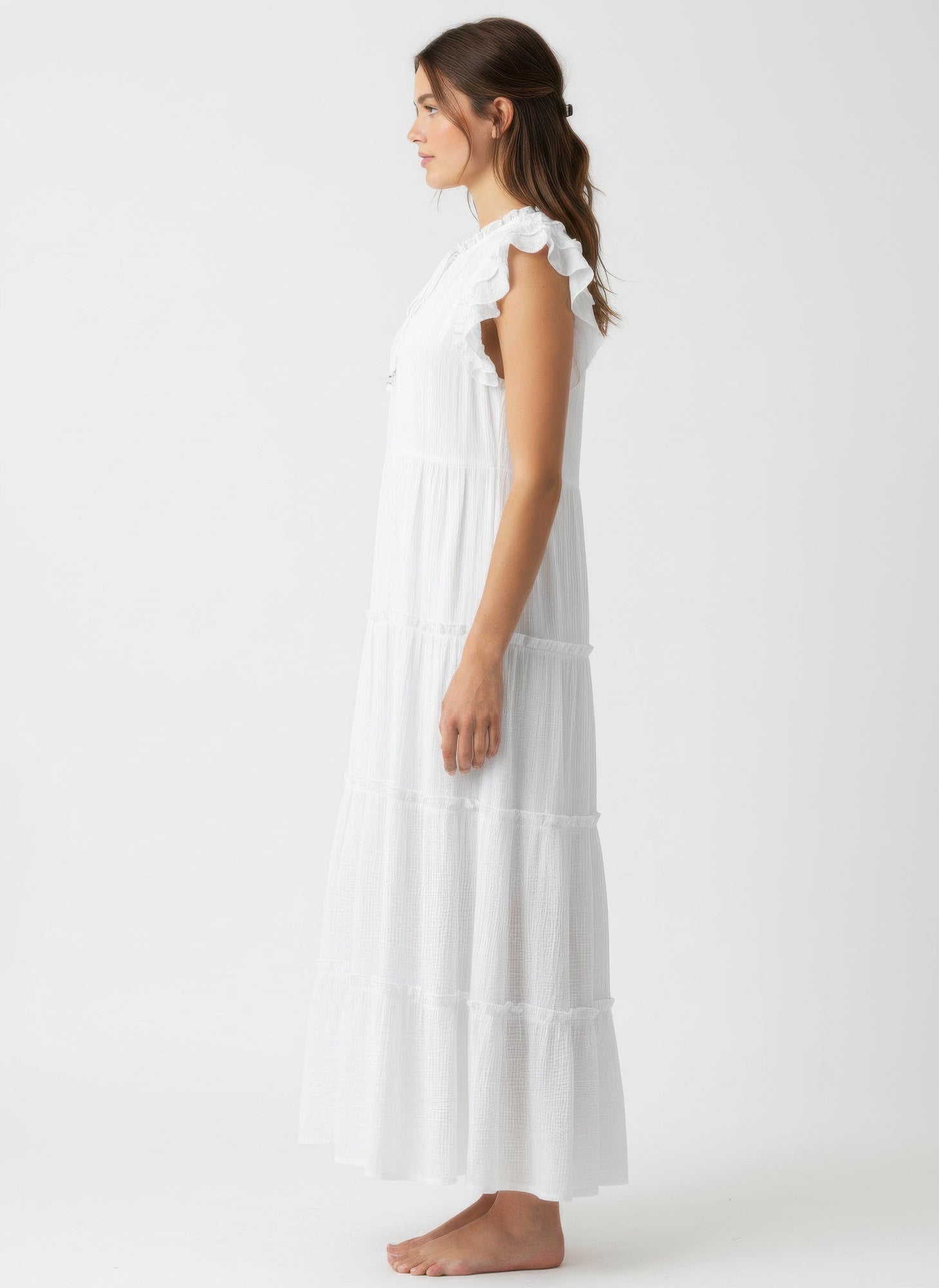 White Ruffled Cap Sleeve Dress with Tassel Tie Secondary image