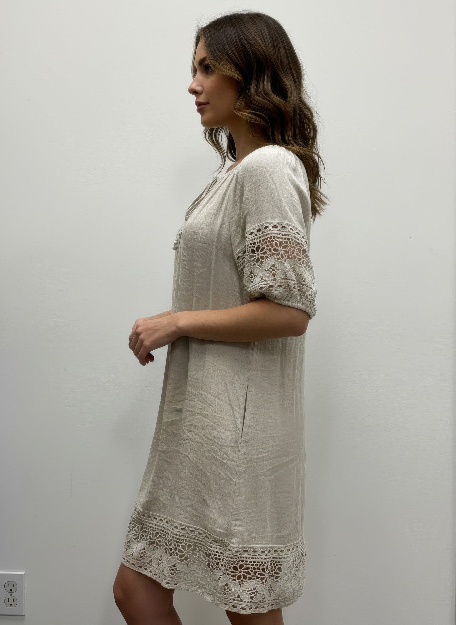 Oatmeal Crochet-Trimmed Short Sleeve Dress Secondary image