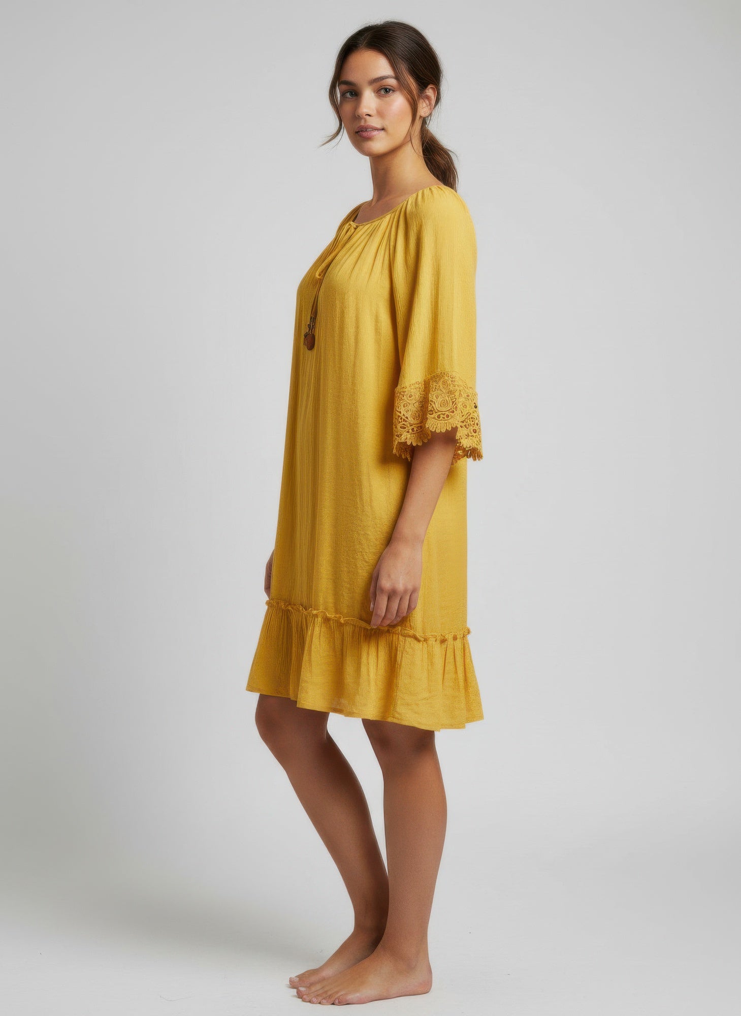 Gold Tie-Neck Lace-Cuff Ruffle Hem Dress Secondary image