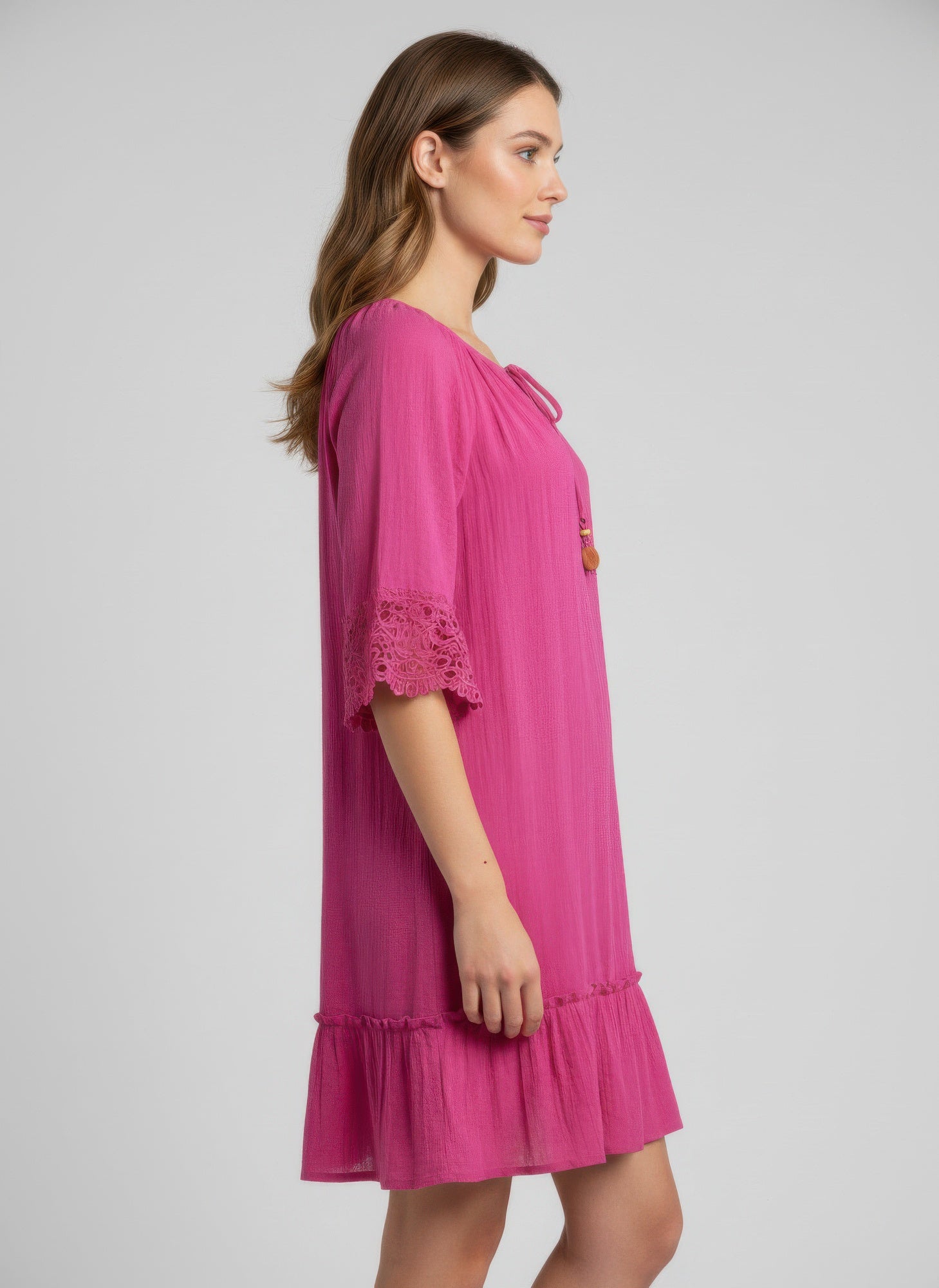 Pink Crochet-Trimmed Ruffle Hem Dress Secondary image