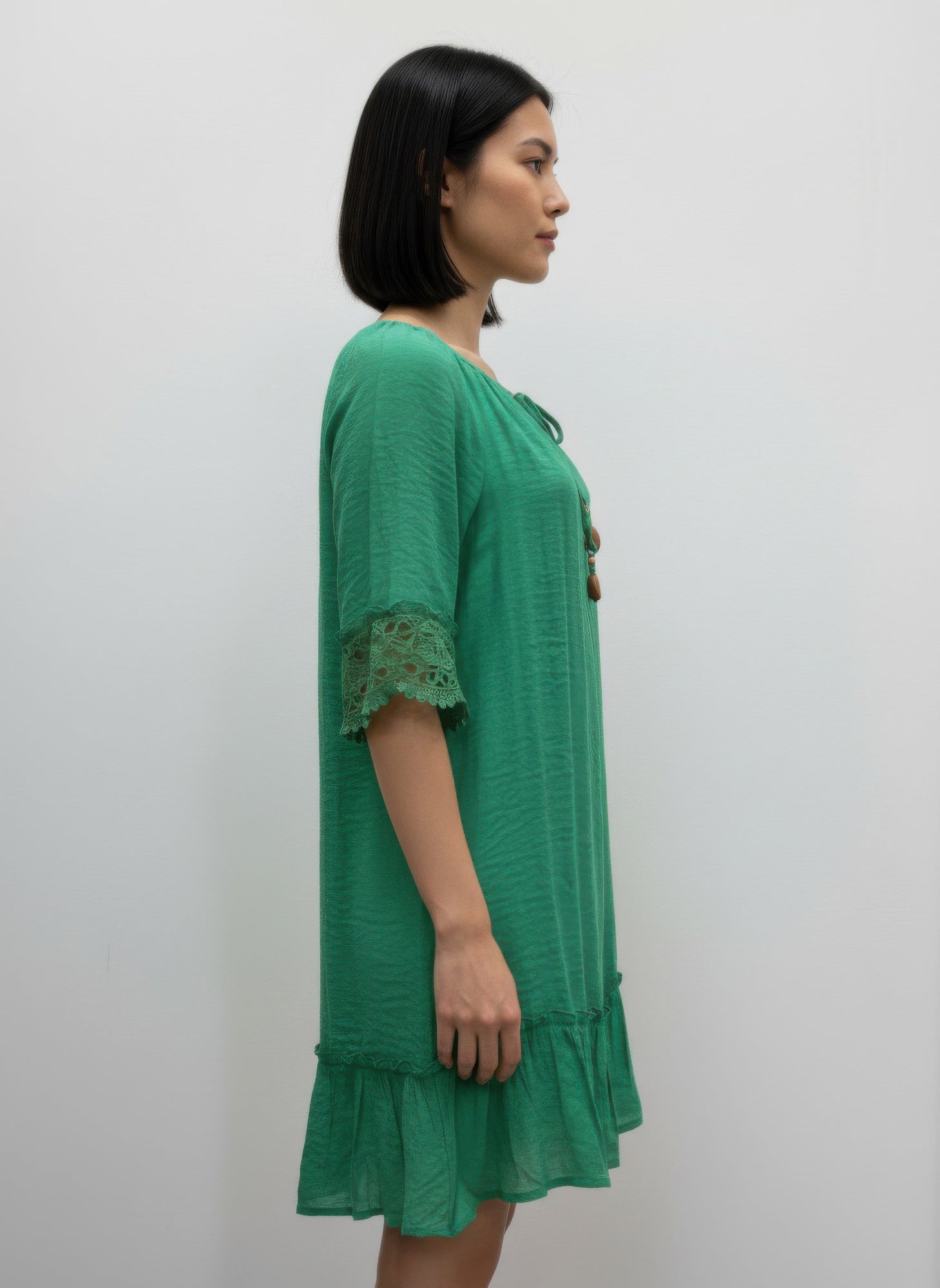 Green Crochet-Cuff Ruffle Hem Dress Secondary image