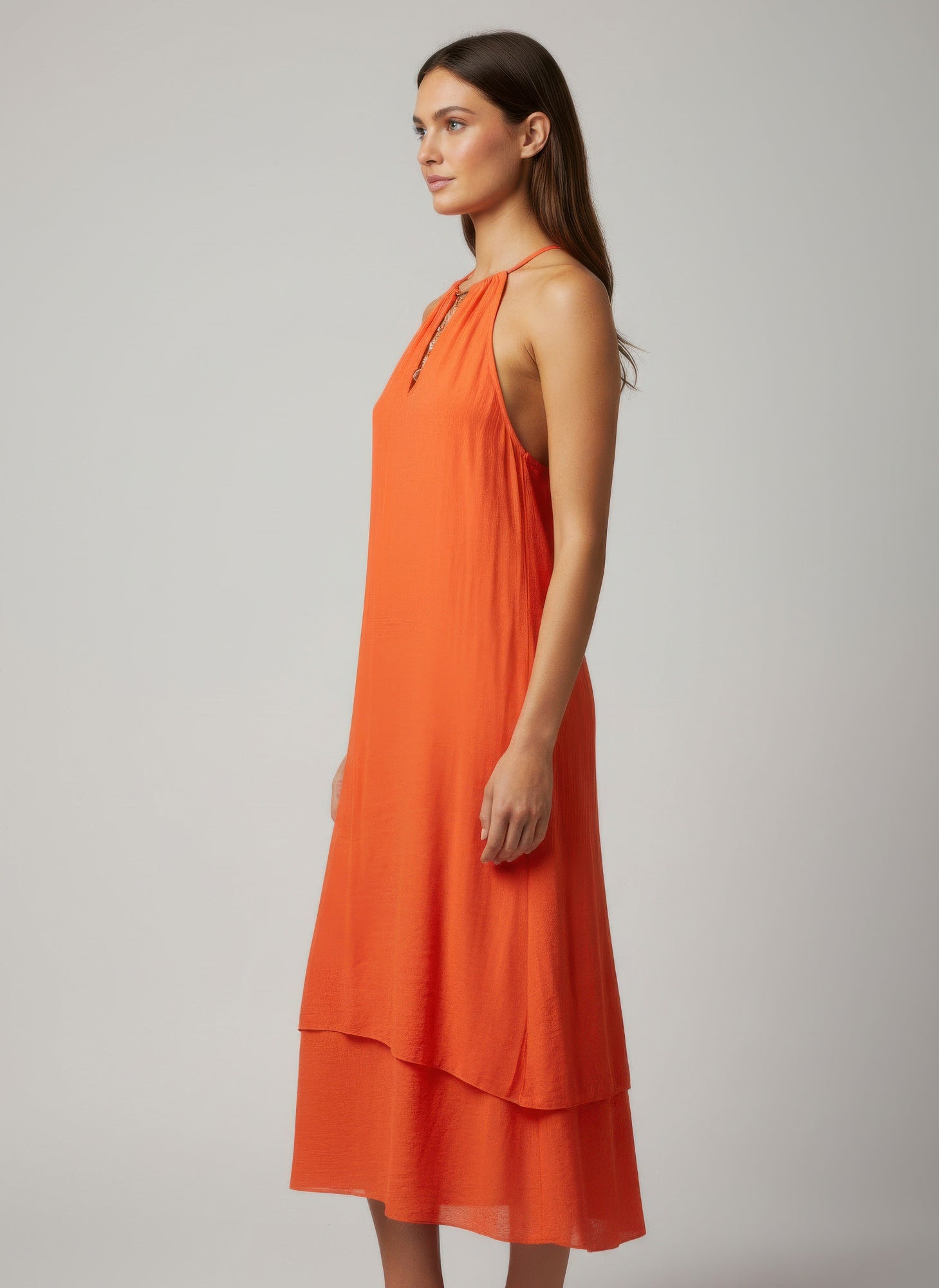 Orange Sleeveless High-Low Dress with Gold Neck Detail Secondary image