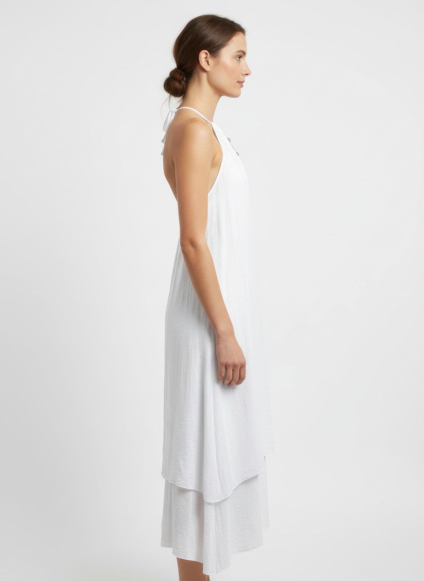 White Sleeveless High-Low Dress with Gold Necklace Detail Secondary image