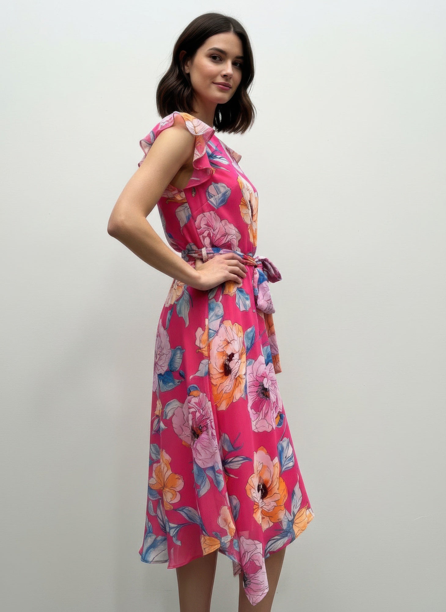 Fuchsia Floral Ruffle Sleeve Dress with Tie Waist Secondary image