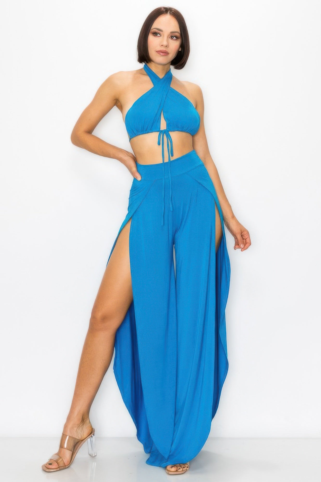 Turquoise Modal Halter Top and Side-Slit Pants Set Secondary image