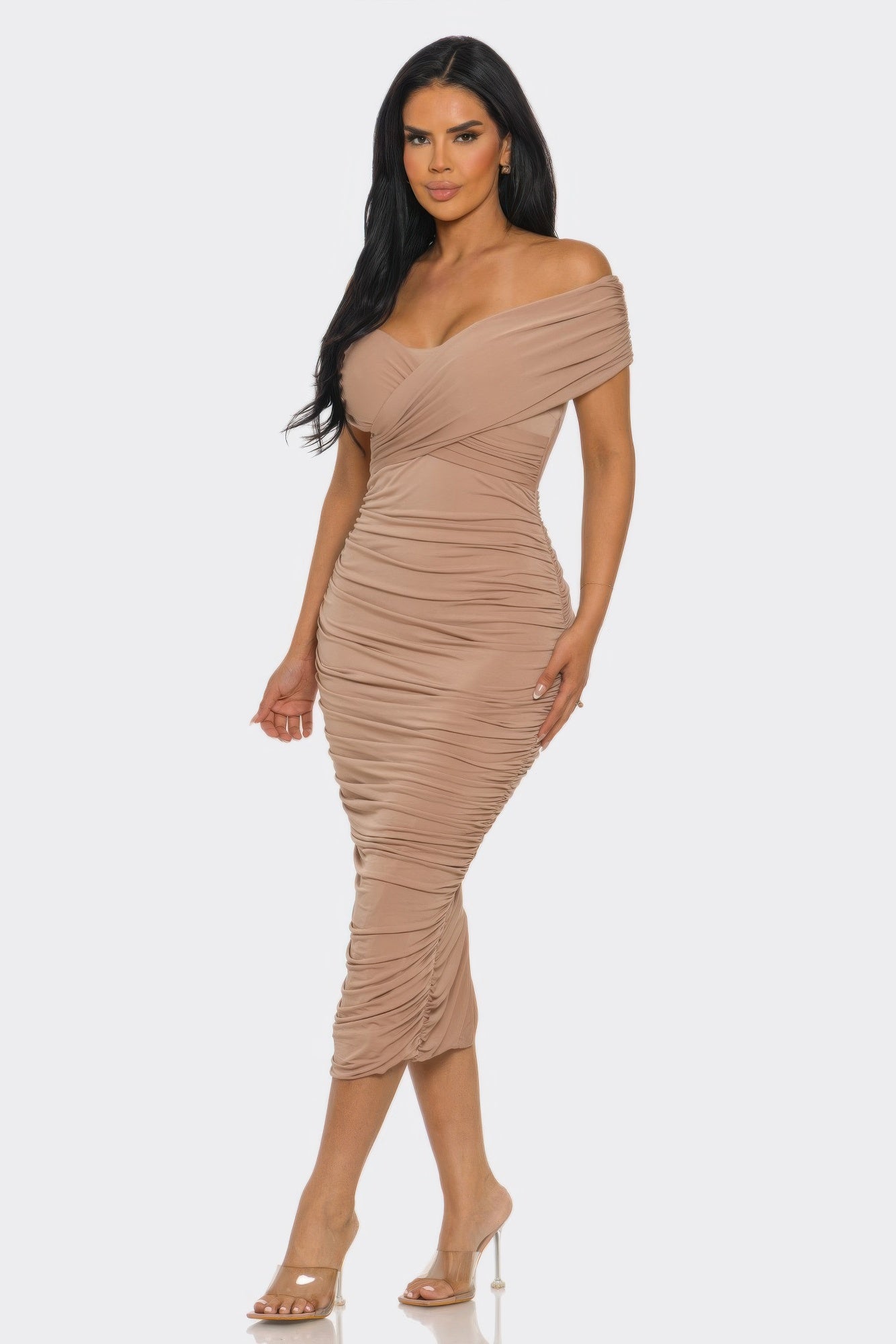 Mocha Draped Off-Shoulder Midi Dress Secondary image