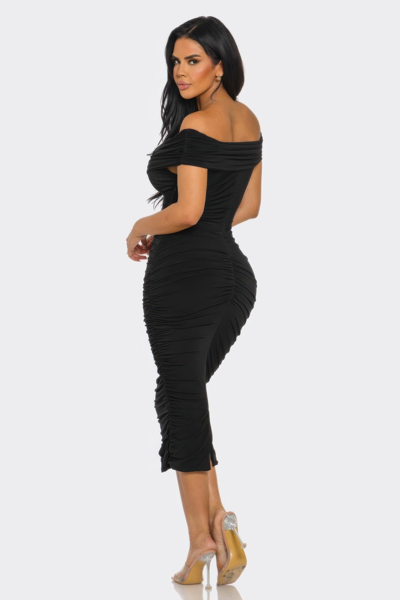 Black Ruched Off-Shoulder Midi Dress Secondary image