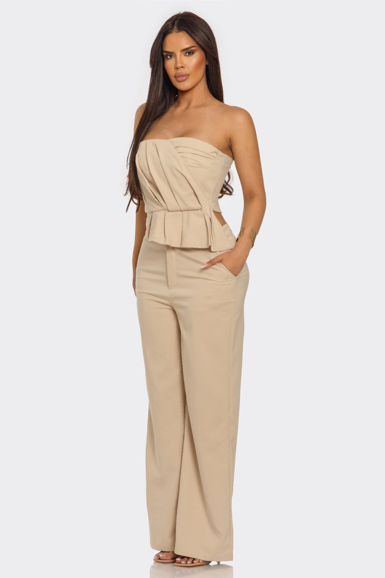 Taupe Strapless Pleated Peplum Pants Set Secondary image