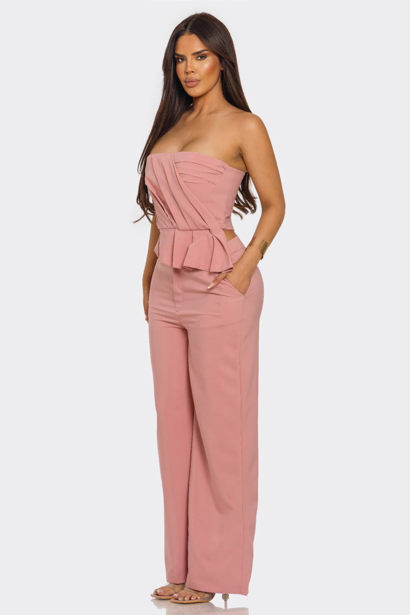 Mauve Strapless Peplum Top and Wide-Leg Pants Set Secondary image