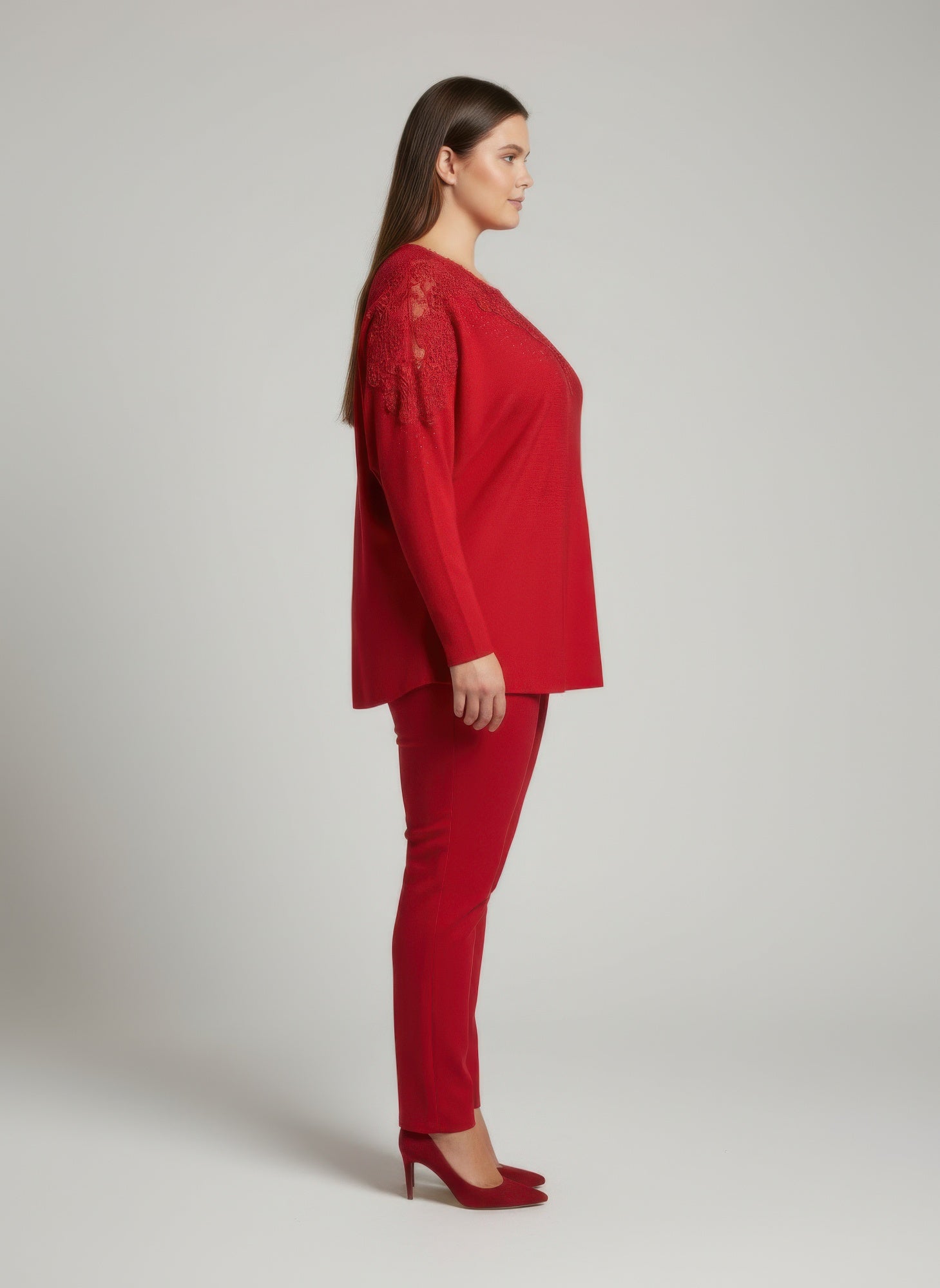 Red Lace-Embellished Knit Tunic Top Secondary image