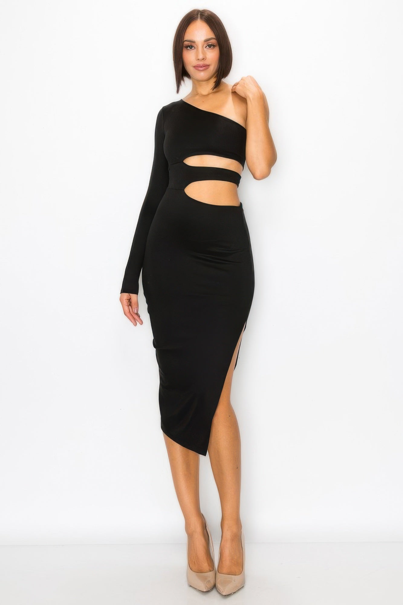 Black One-Shoulder Cutout Midi Dress Secondary image