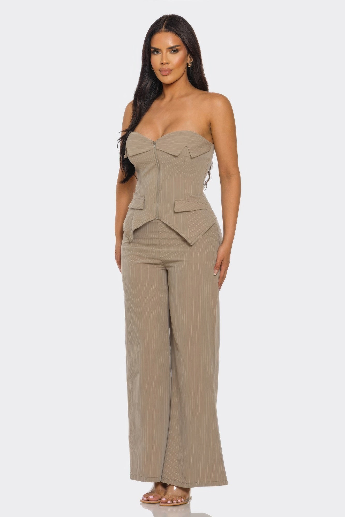 Mocha Strapless Corset Top and Pinstripe Pants Set Secondary image