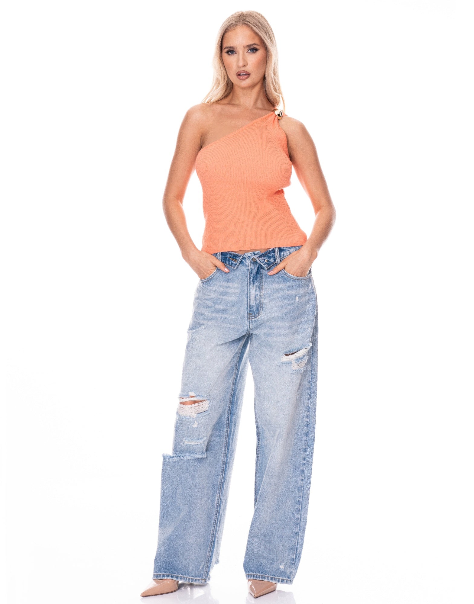 Peach One-Shoulder Ribbed Top with Ring Accent Secondary image