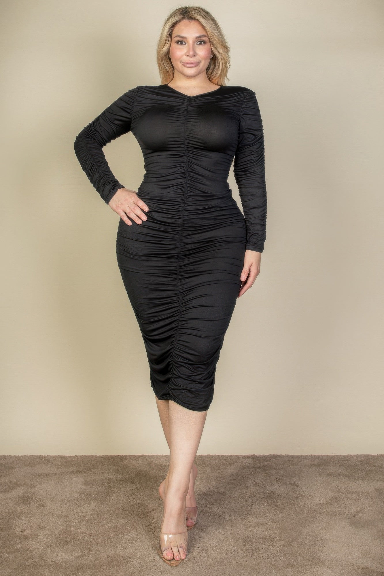 Plus Size Ruched Jersey Midi Dress with Long Sleeves Secondary image