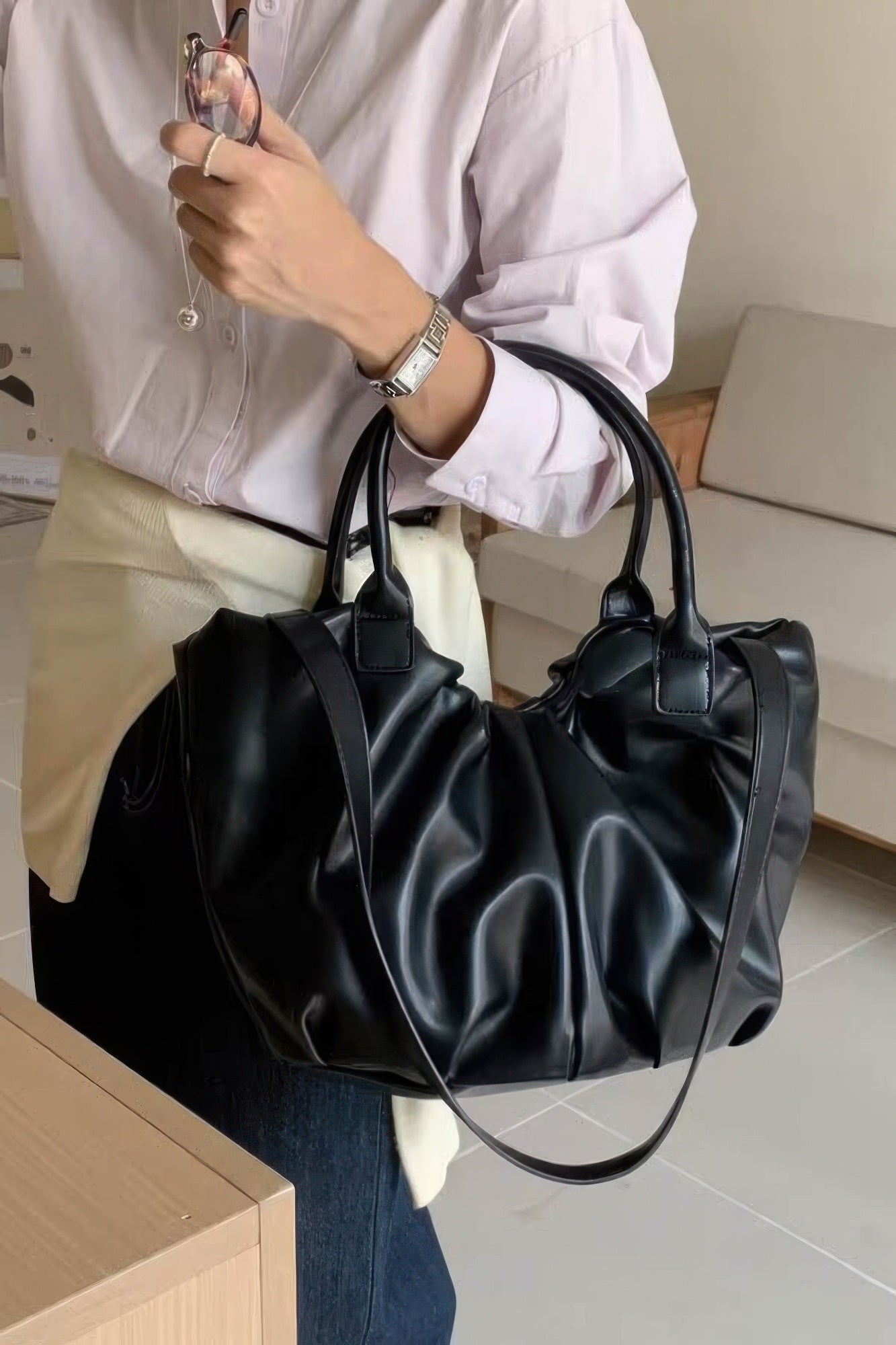 Ruched Faux Leather Carryall Tote Secondary image