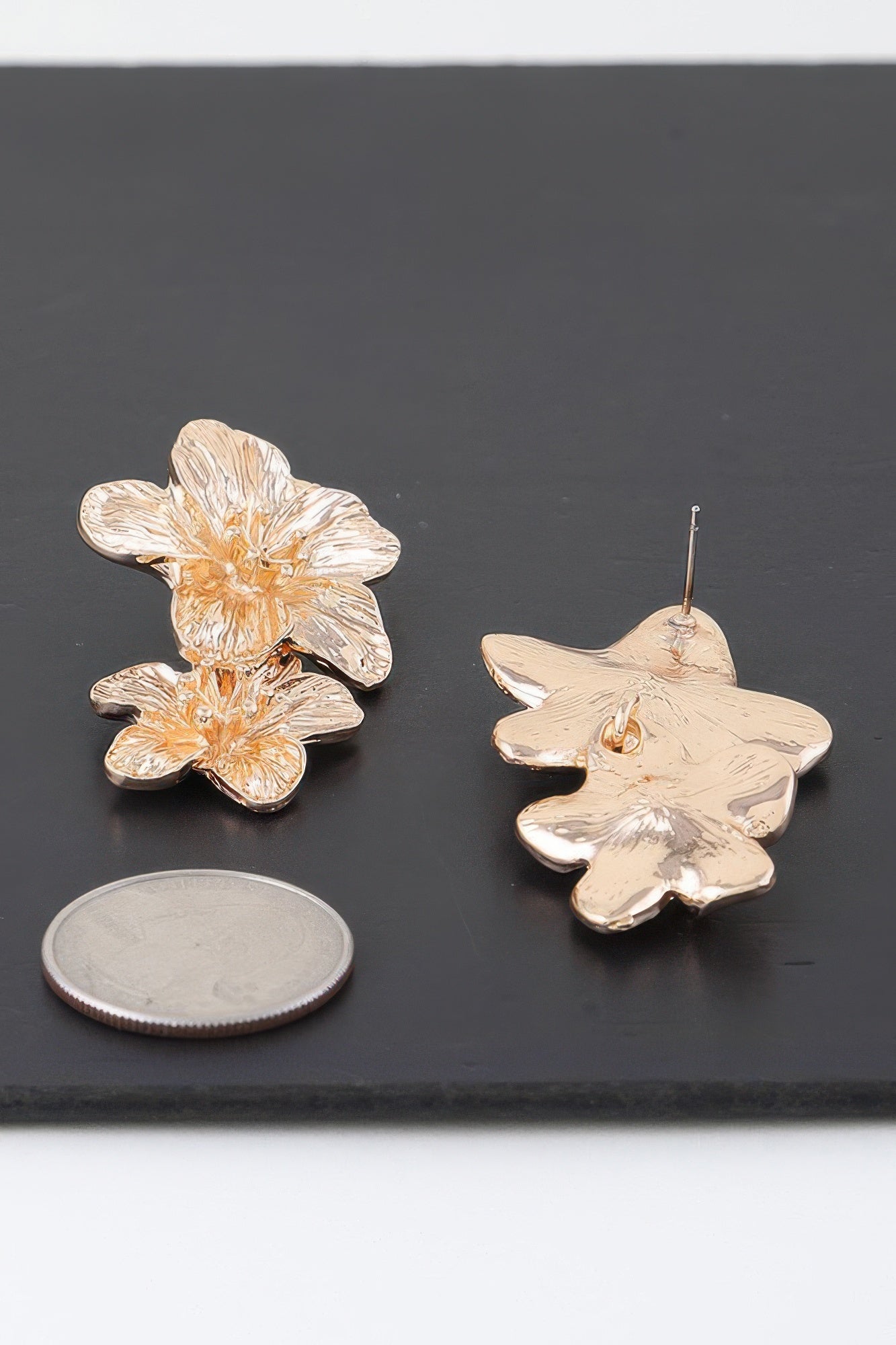 Gold Textured Bloom Flower Earrings Secondary image