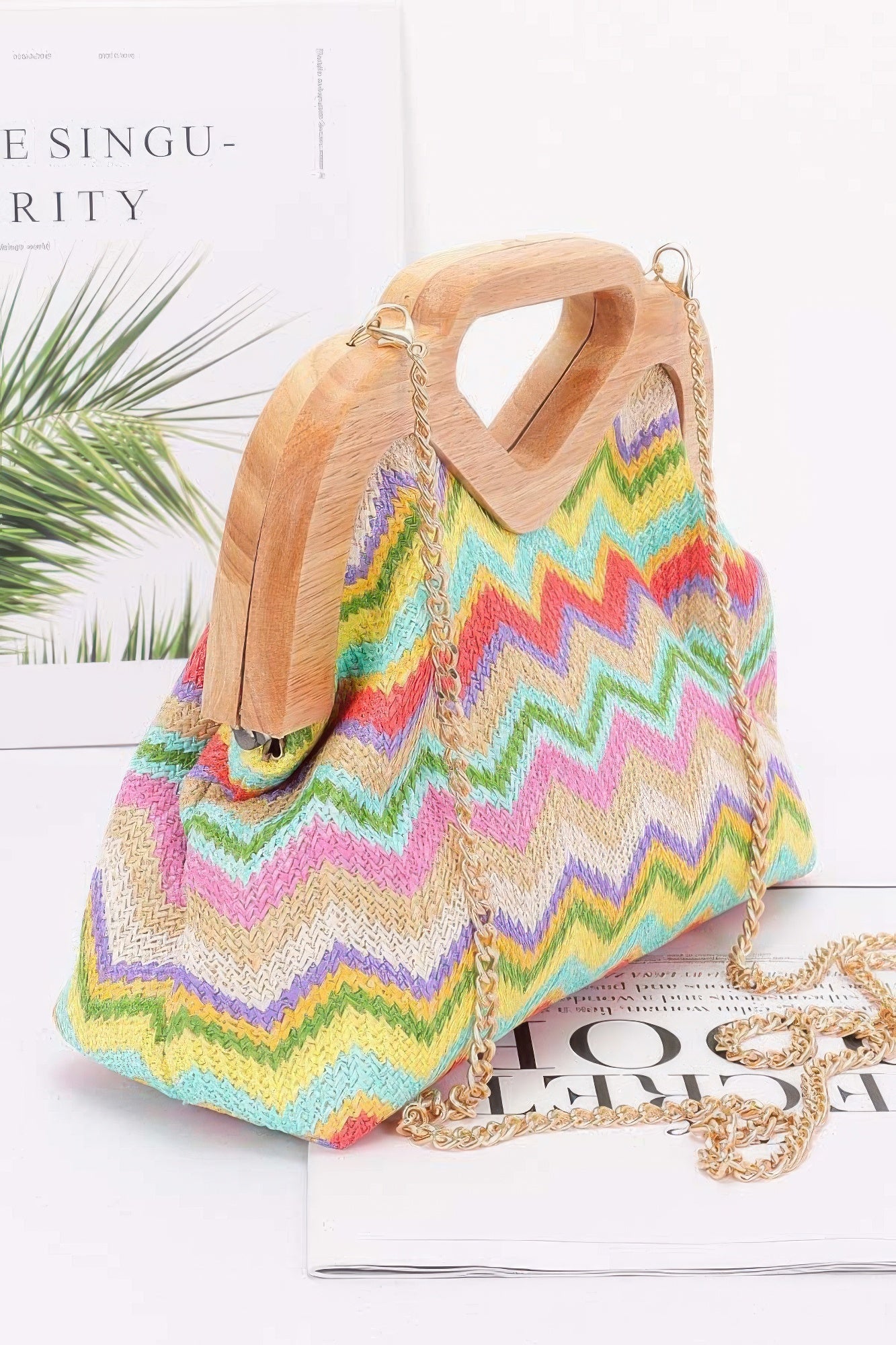 Multicolor Chevron Wood Frame Clutch Secondary image